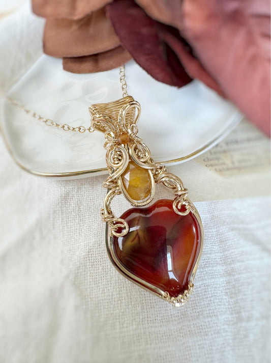 Carnelian Heart, Sapphire & Hessonite Garnet Necklace in 14k Gold Filled