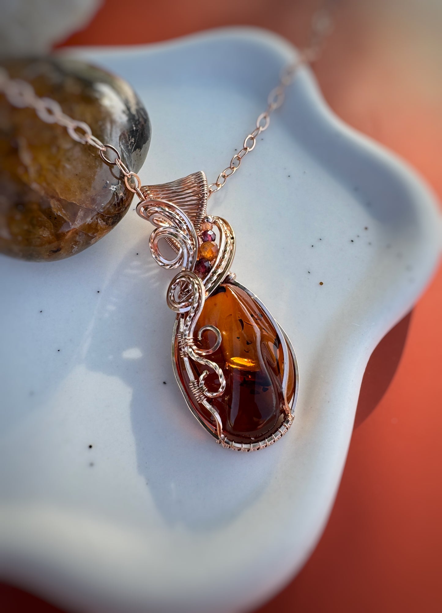 Amber, Hessonite Garnet, Garnet, Sunstone Necklace in 14k Rose Gold Filled