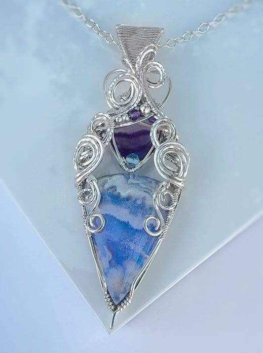 Sky Agate, Fluorite, Amethyst, Aquamarine Statement Necklace in 0.925 Sterling Silver