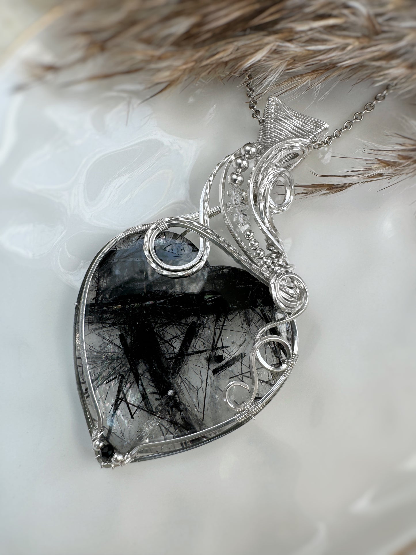 Tourmalinated Quartz, Herkimer Diamond & Black Onyx Statement Necklace in Argentium Silver