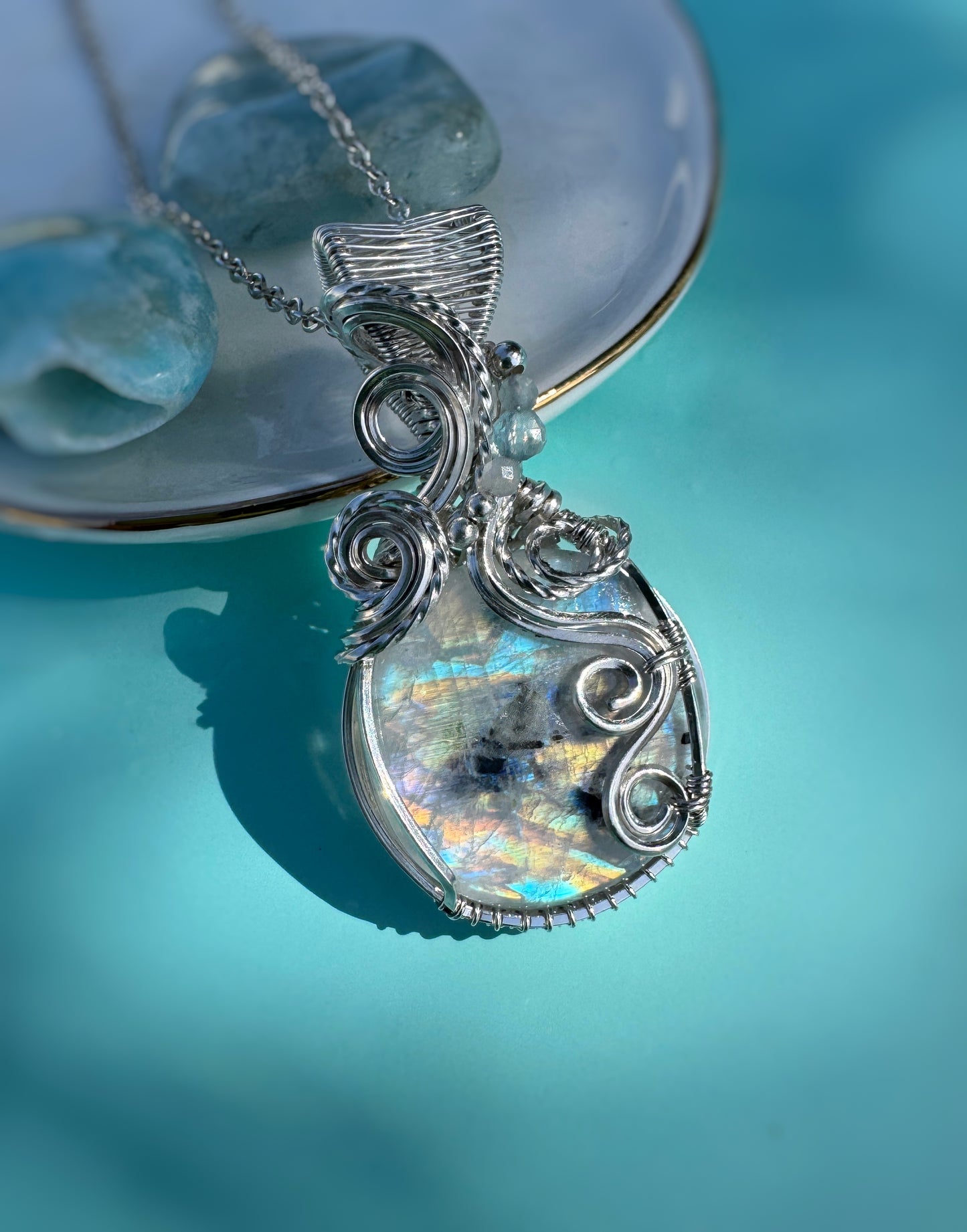 Rainbow Moonstone & Aquamarine Necklace in Argentium Silver