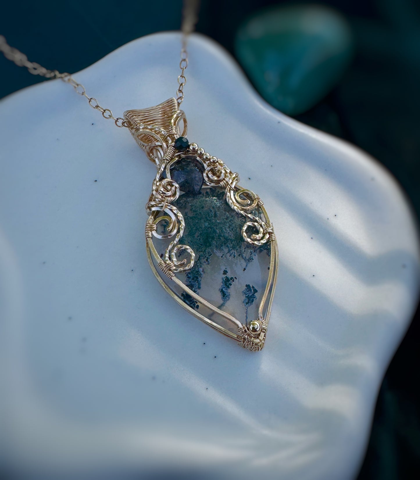 Moss Agate, Teal Moss Kyanite & Bloodstone Necklace in 14k Gold Filled