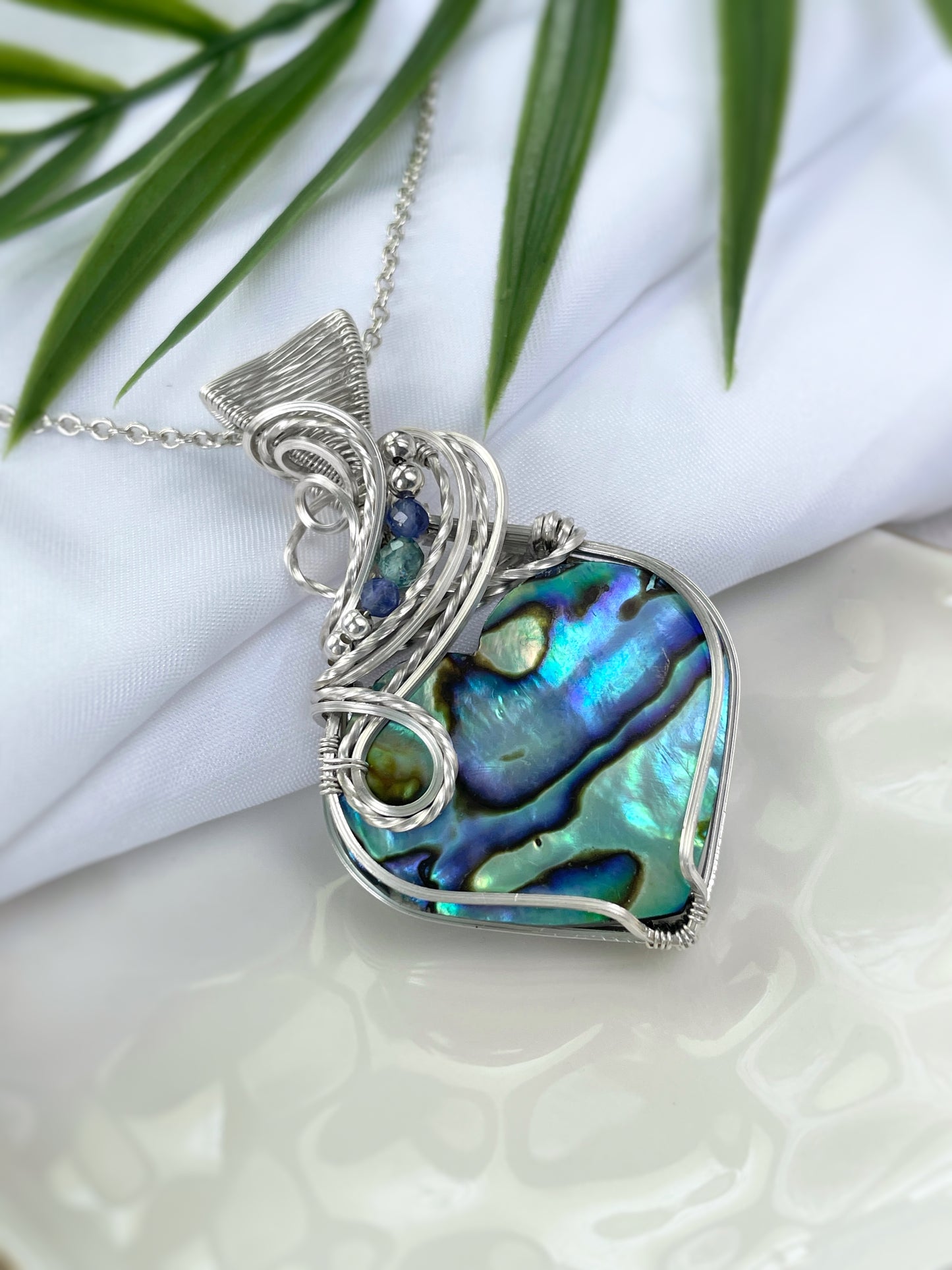 Abalone Shell, Tanzanite & Aqua Blue Apatite Necklace in Argentium Silver