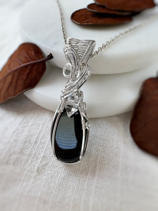 Black Onyx & Herkimer Diamond Necklace in 0.925 Sterling Silver