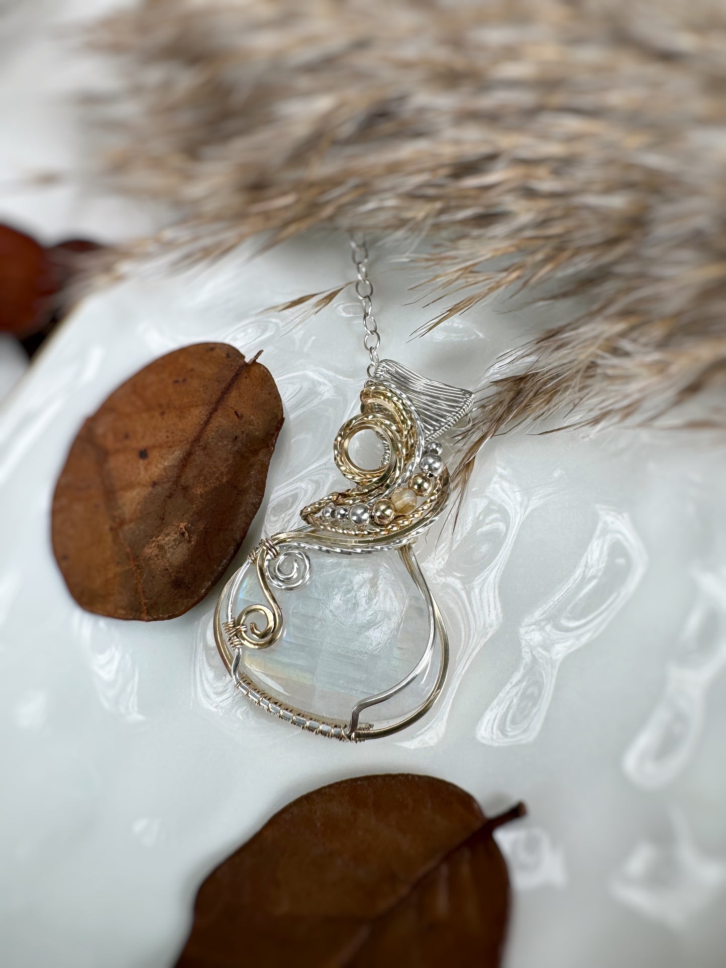 Rainbow Moonstone & Citrine Necklace in 14k Gold filled & 0.925 Sterling Silver