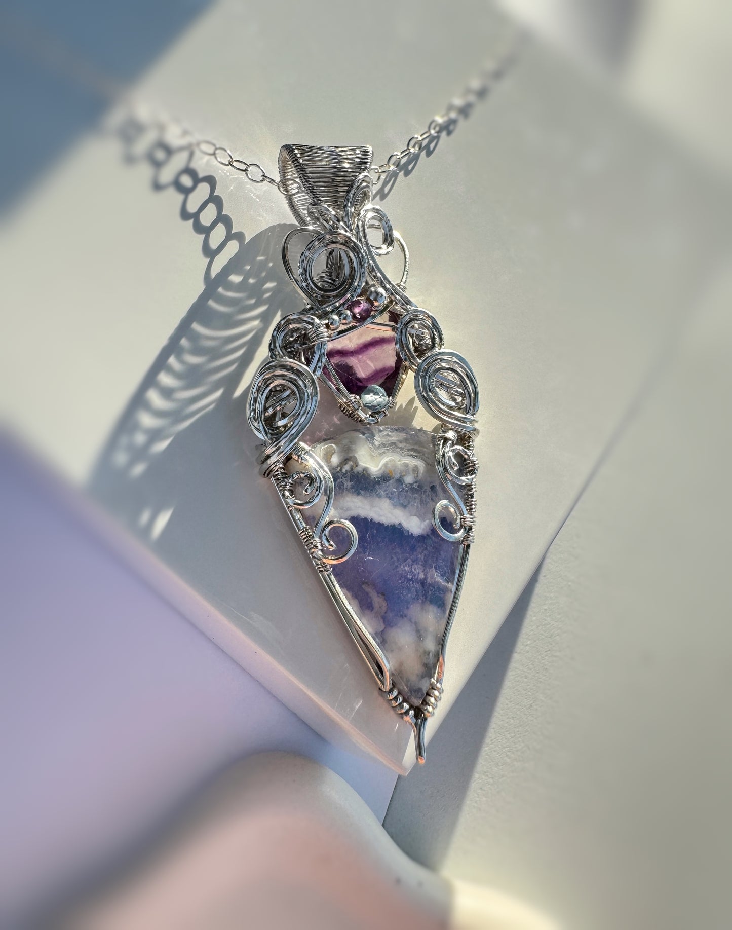 Sky Agate, Fluorite, Amethyst, Aquamarine Statement Necklace in 0.925 Sterling Silver