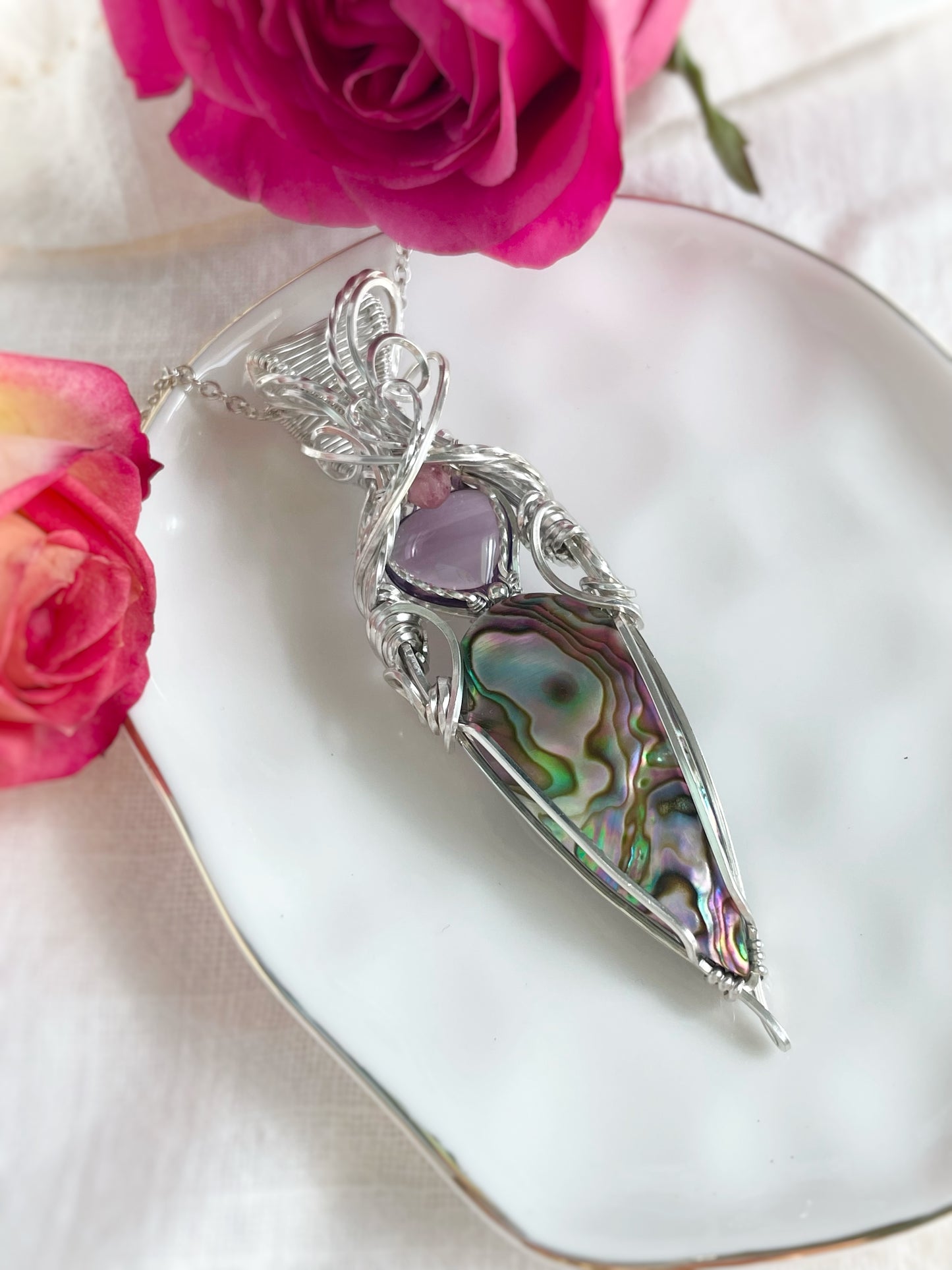 Abalone Shell, Amethyst Heart & Pink Tourmaline Necklace in Argentium Silver