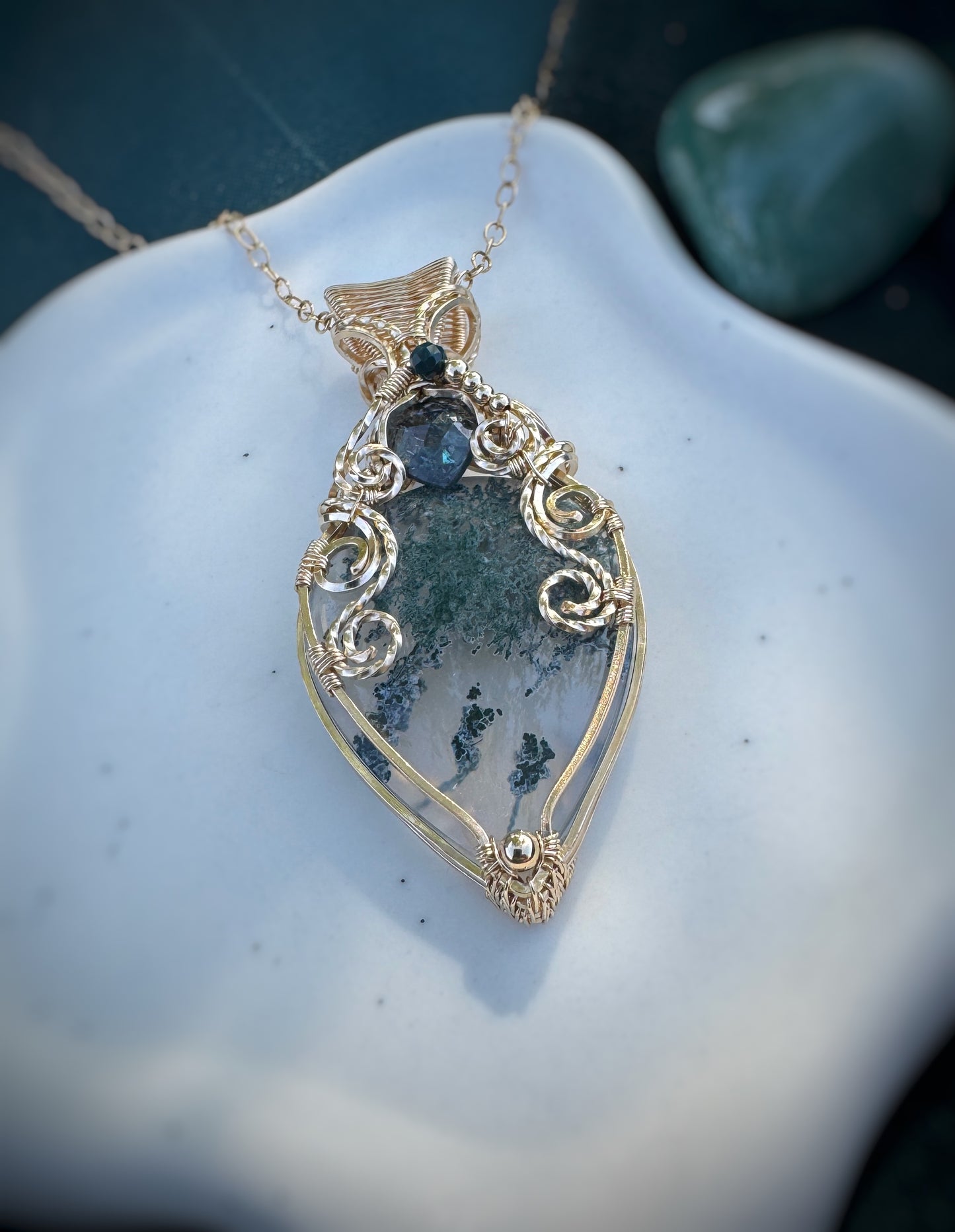 Moss Agate, Teal Moss Kyanite & Bloodstone Necklace in 14k Gold Filled