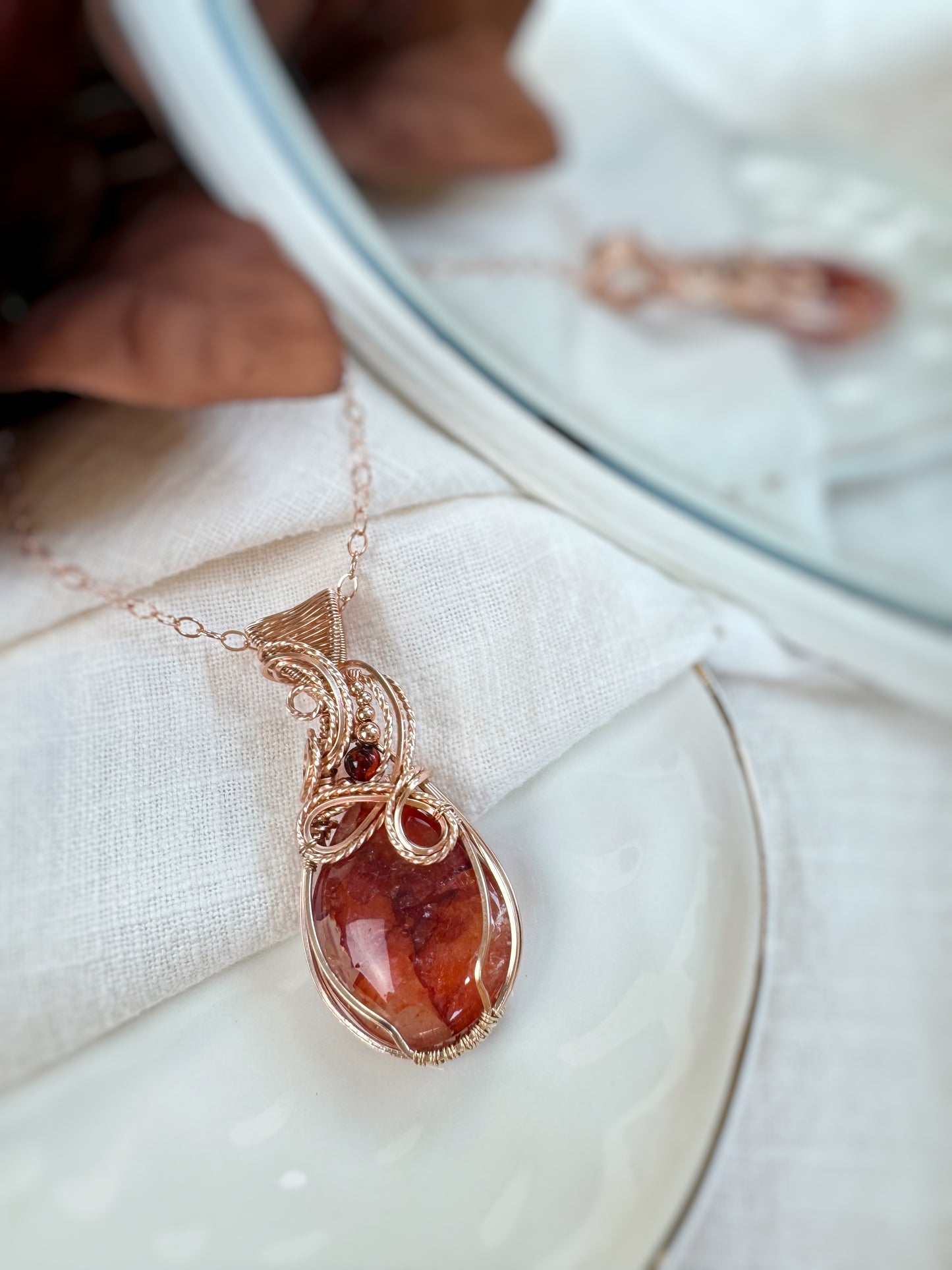Red Hematoid Quartz & Amber Necklace in 14k Rose Gold Filled