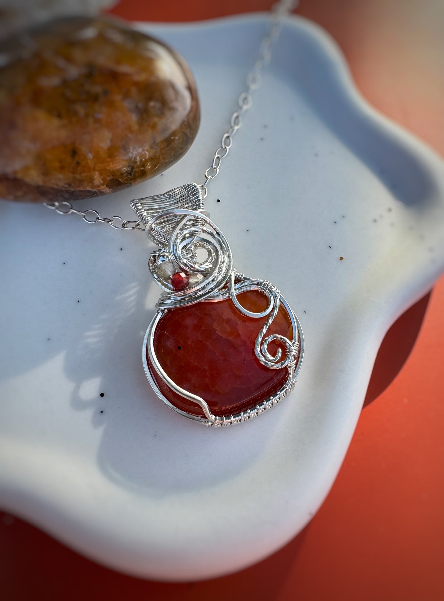 Fire Agate, Carnelian & Citrine Necklace in 0.925 Sterling Silver