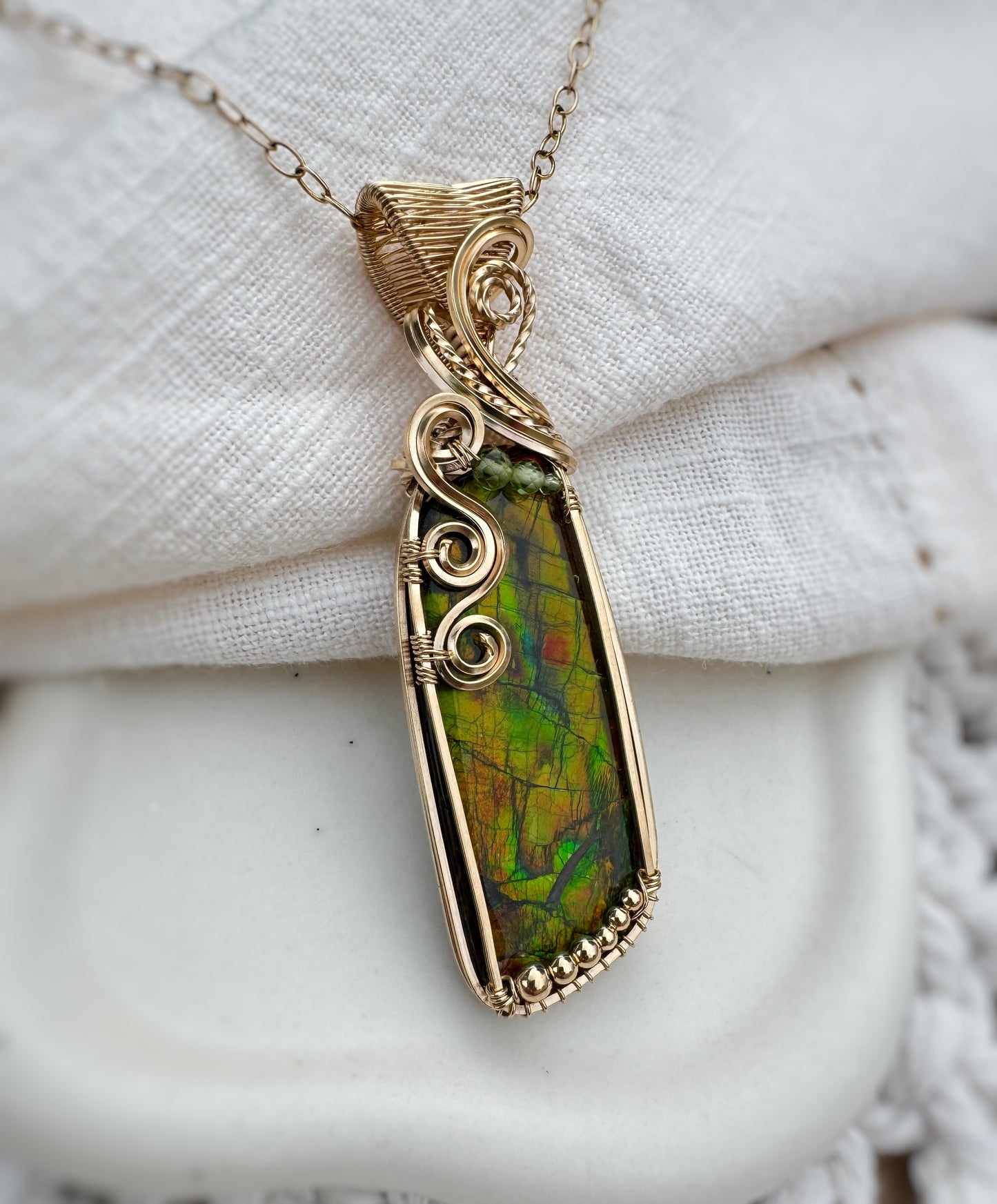 Ammolite & Peridot Necklace in 14k Gold Filled