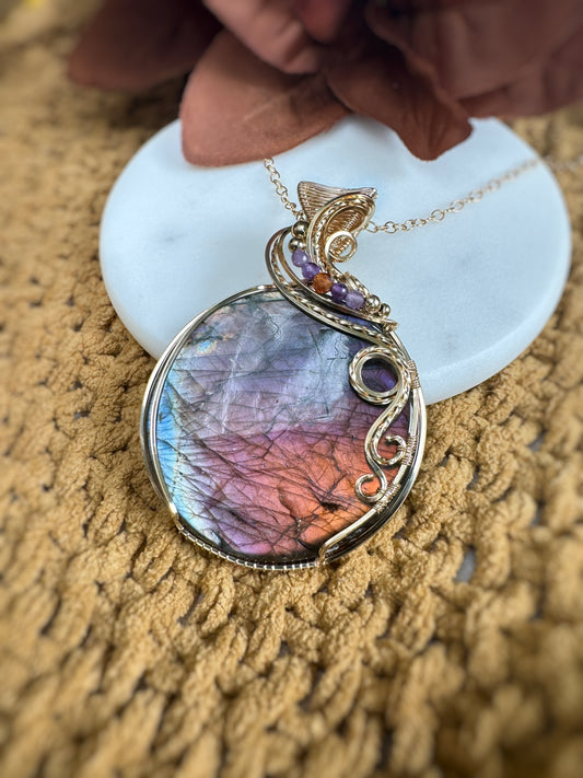 Vibrant Labradorite, Amethyst & Hessonite Garnet Statement Necklace in 14k Gold Filled