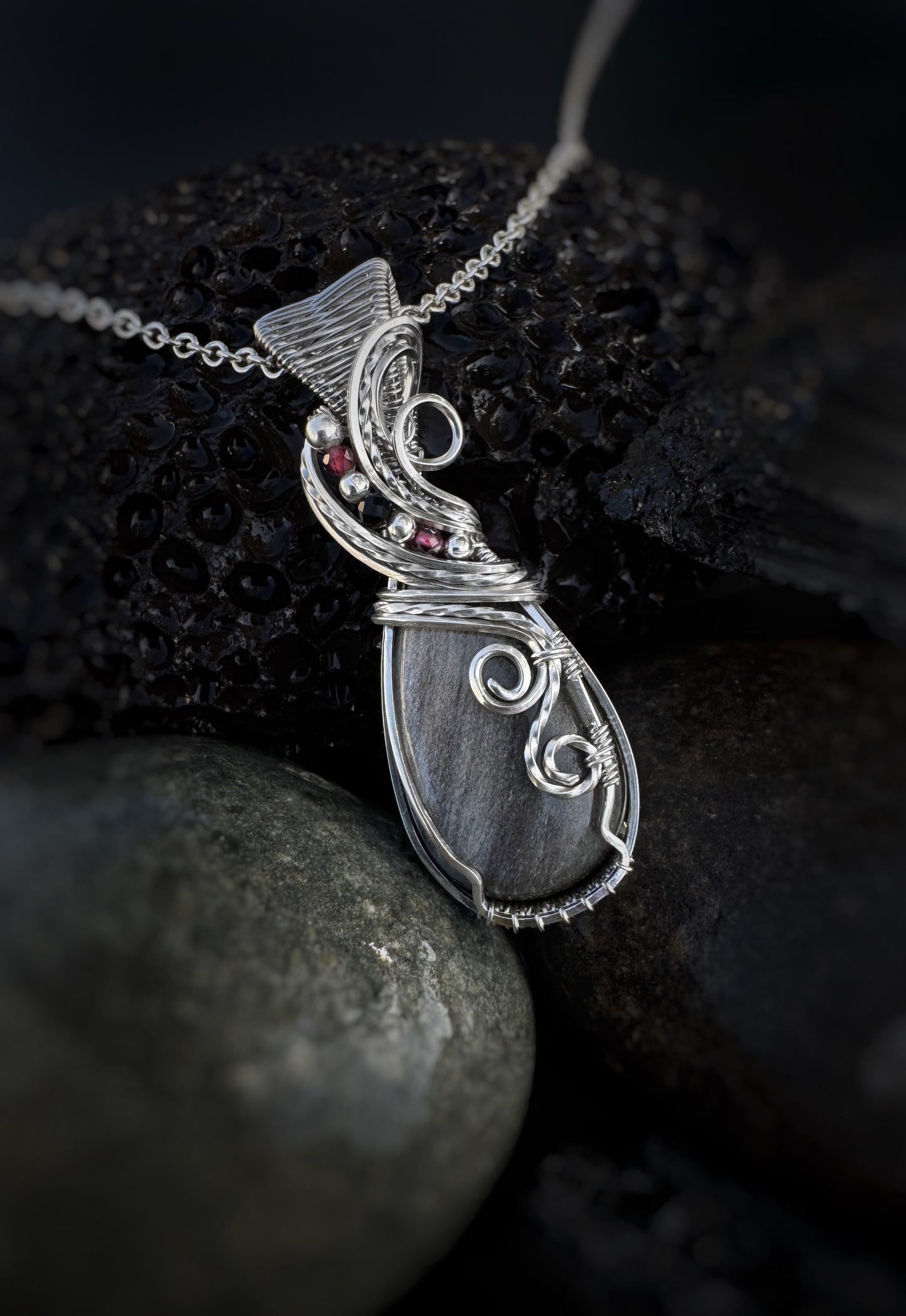 Silver Obsidian, Black Onyx & Garnet Necklace in Argentium Silver