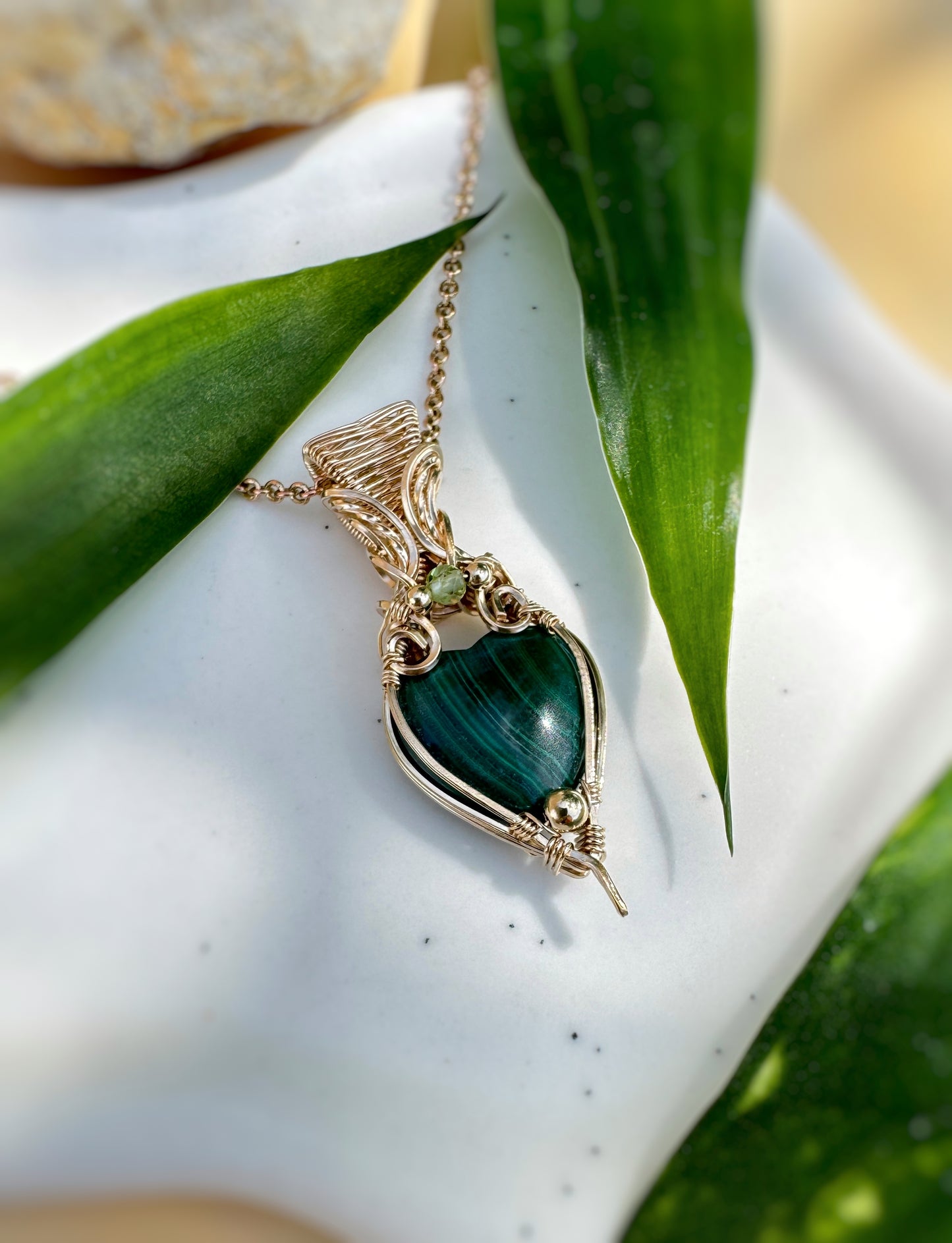 Malachite Heart & Peridot Necklace in 14k Gold Filled