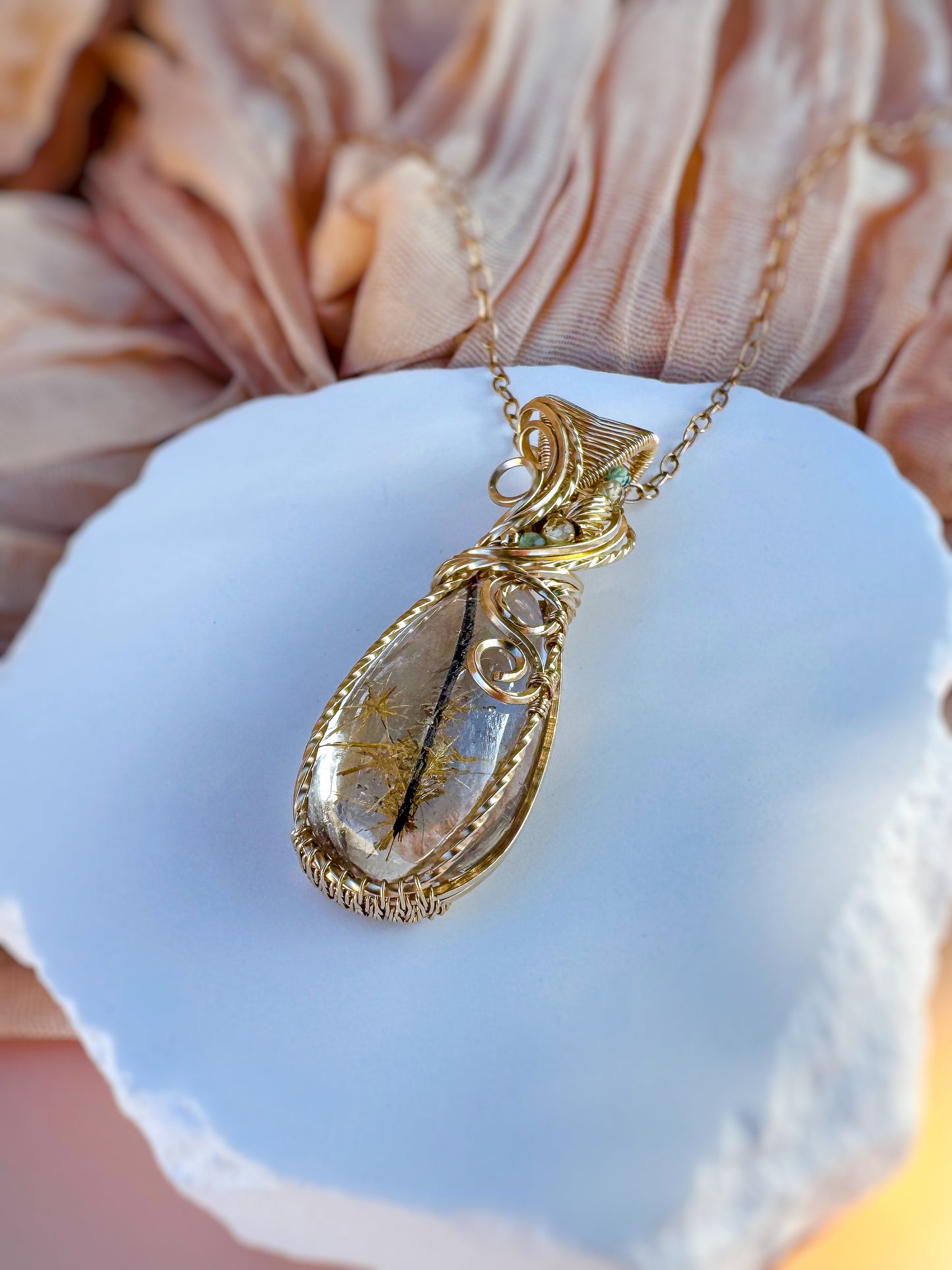 Rare Rutilated Quartz, Natural Zircon & Green Apatite 14k Gold Filled Necklace