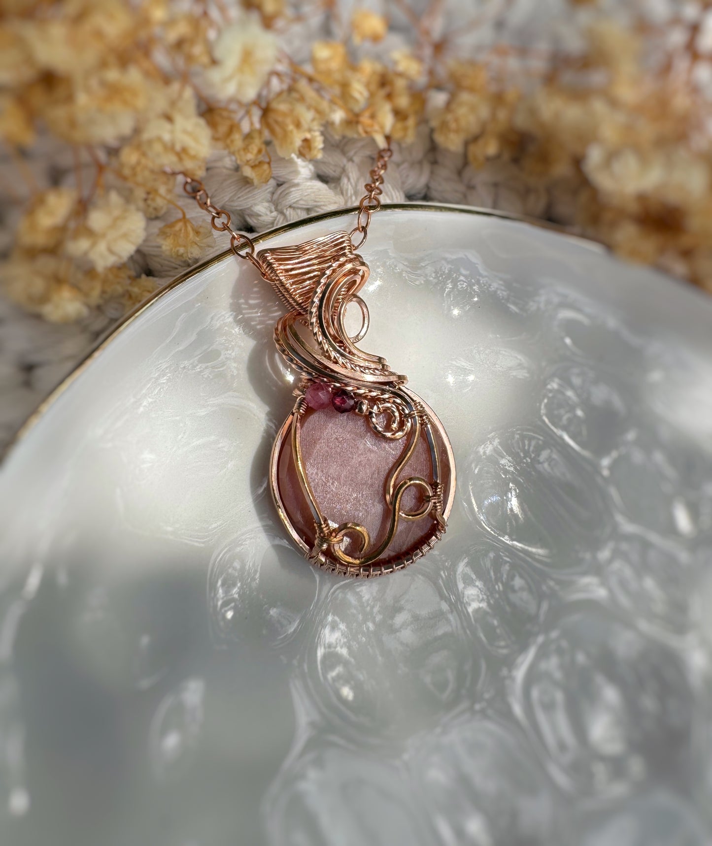 Peach Moonstone, Garnet & Pink Tourmaline Necklace in 14k Rose Gold Filled