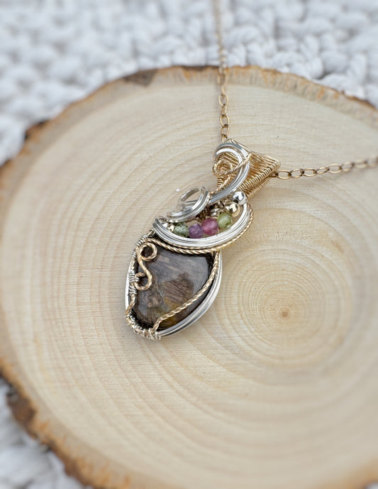 Golden Sapphire, Peridot, Pink Tourmaline, Purple Mica Necklace in mixed metals (14k Gold Filled & 0.925 Sterling Silver)