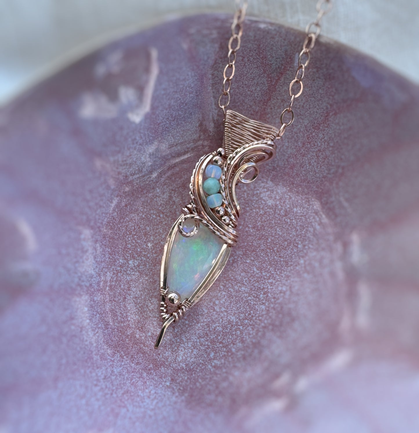 4.65 CT Faceted Opal, Chrysoprase (+2 small opals) Necklace in 14k Rose Gold Filled