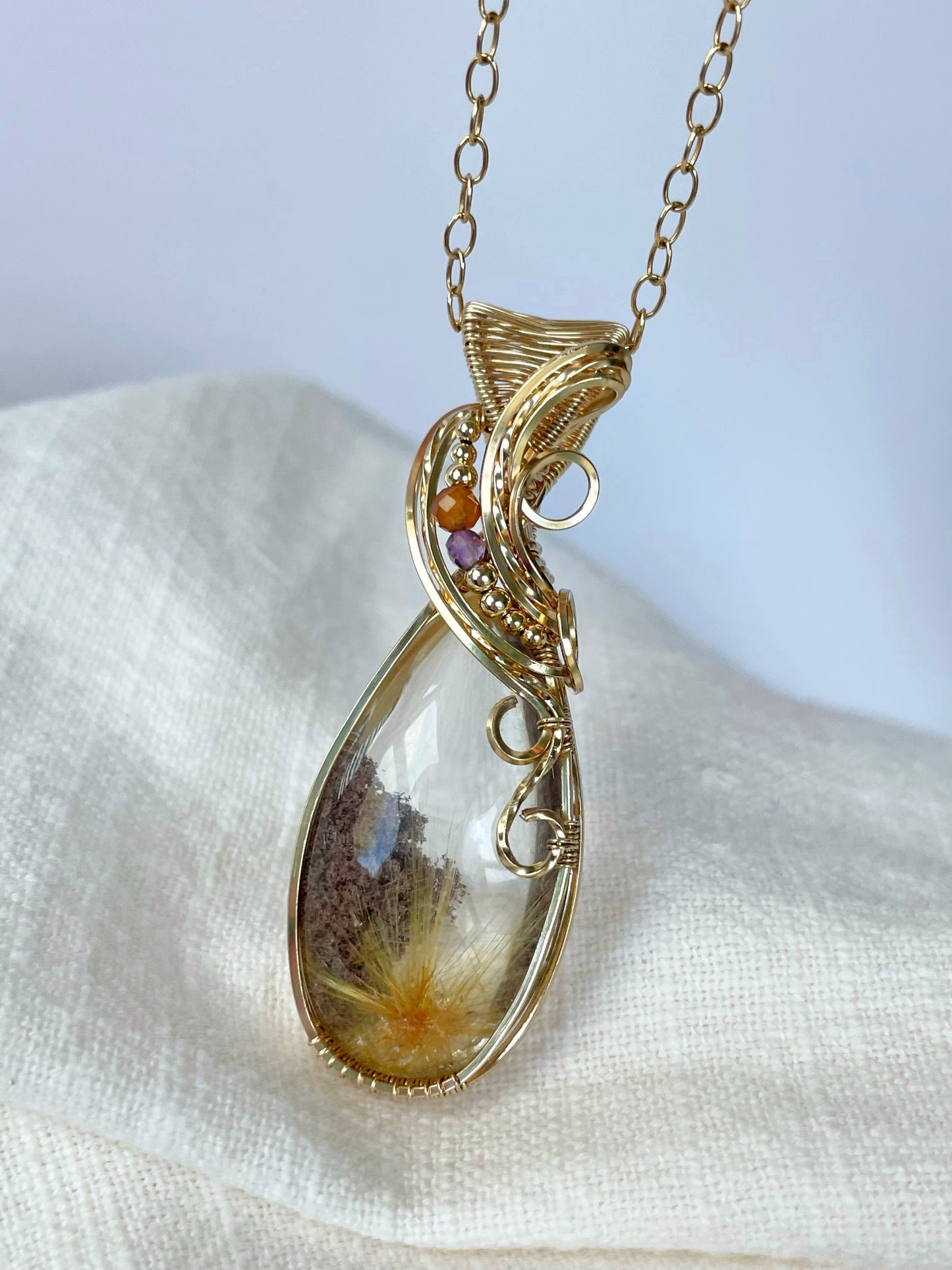 Rare Rutilated Garden Quartz Necklace in Gold Filled