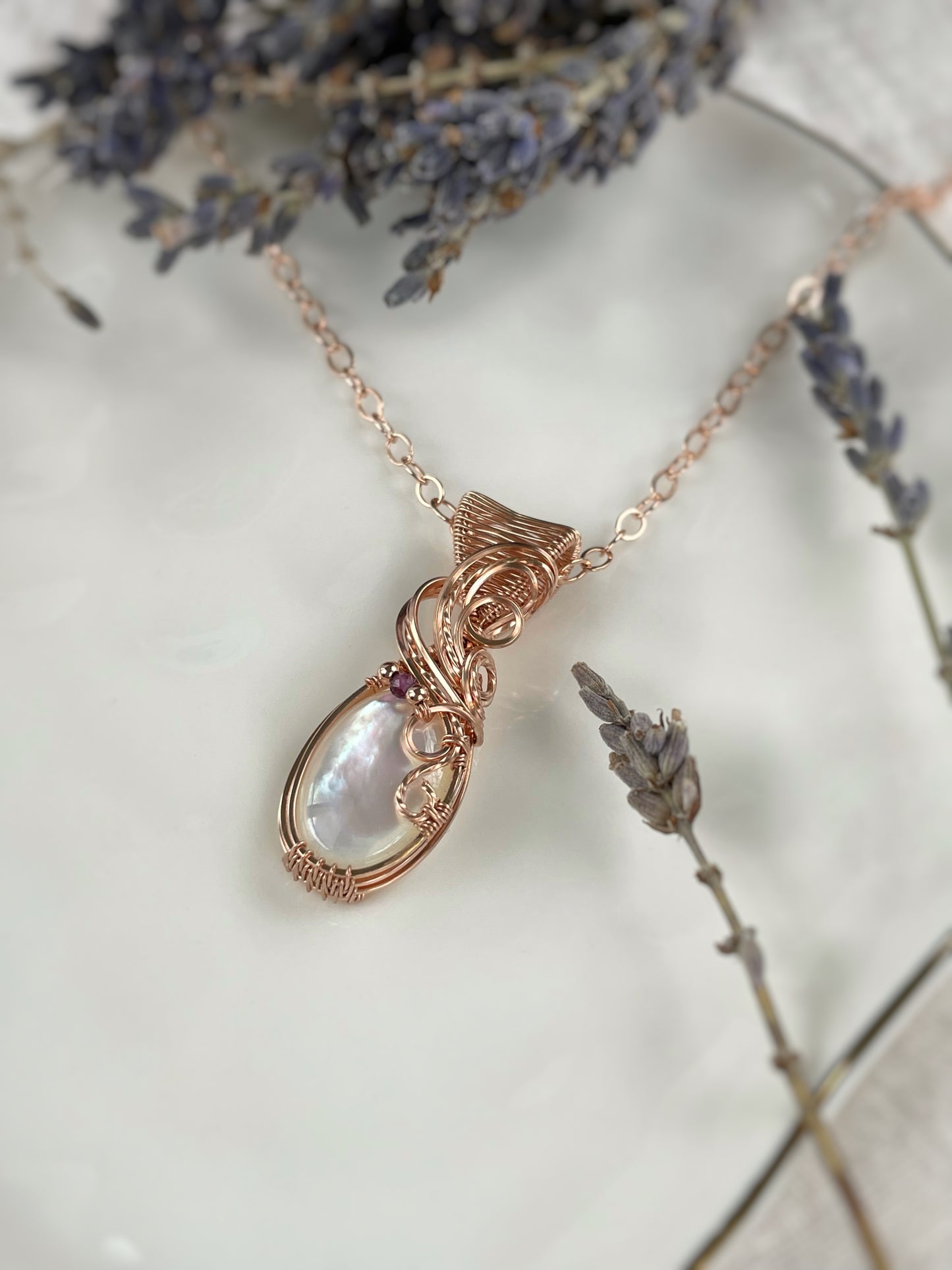 Mother of Pearl & Fluorite Necklace in 14k Rose Gold Filled