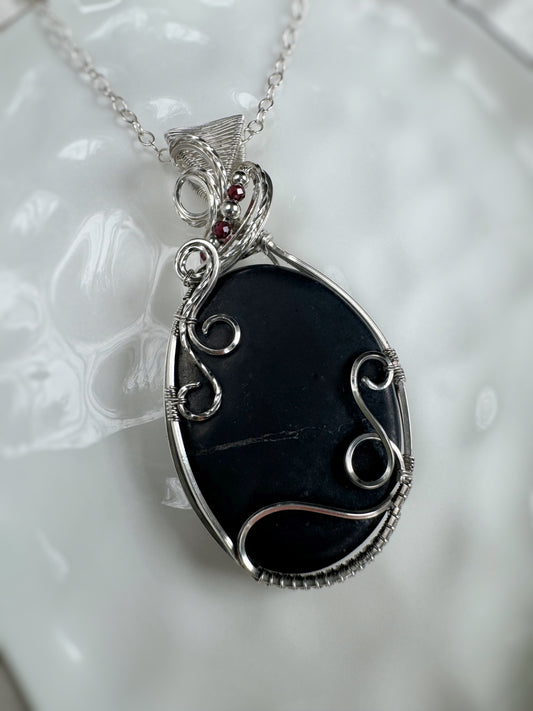 Shungite & Garnet Necklace in Argentium Silver