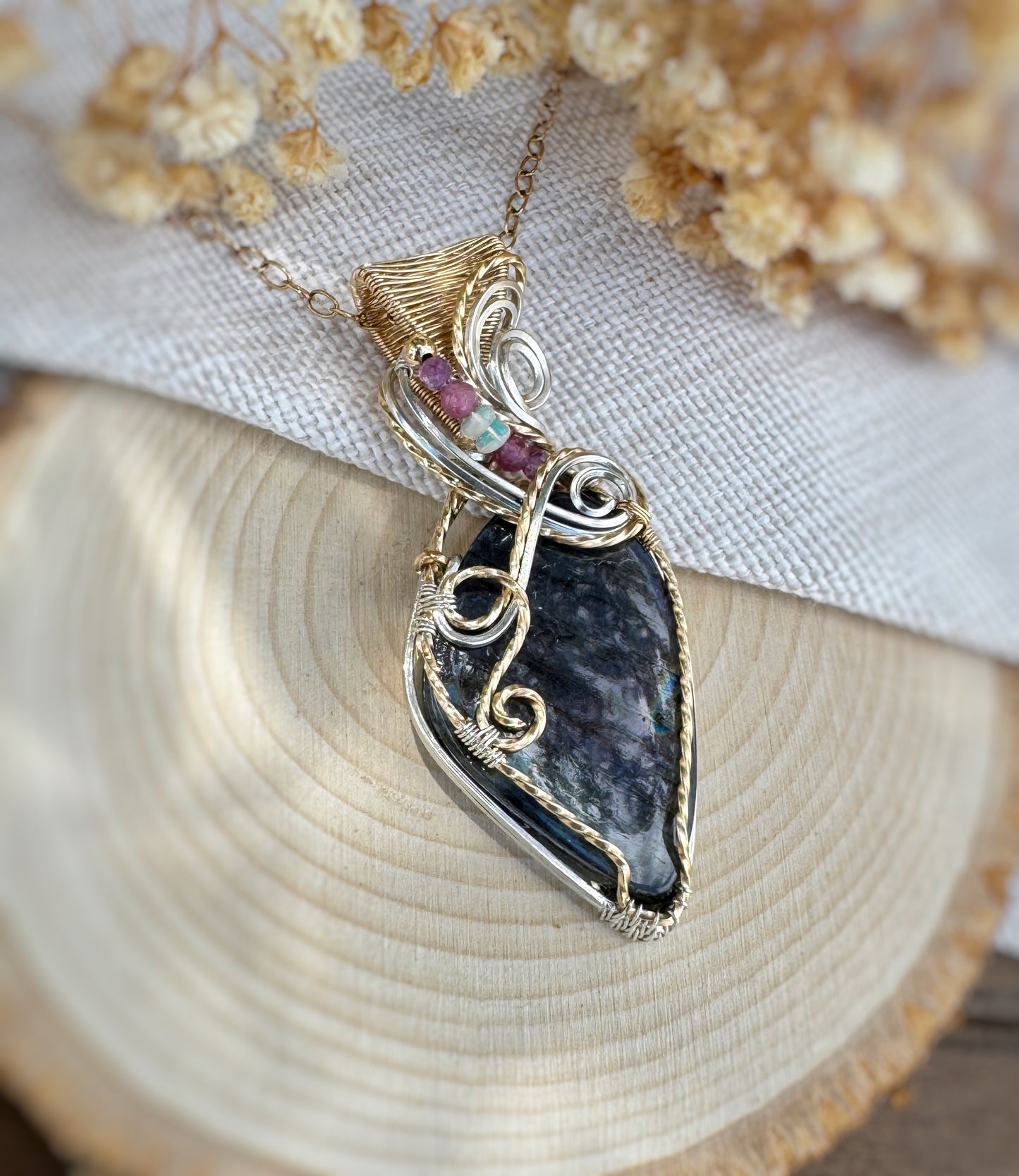Purple/Pink Labradorite, Purple Mica, Pink Tourmaline & Opal Necklace in 14k Gold Filled & Argentium Silver