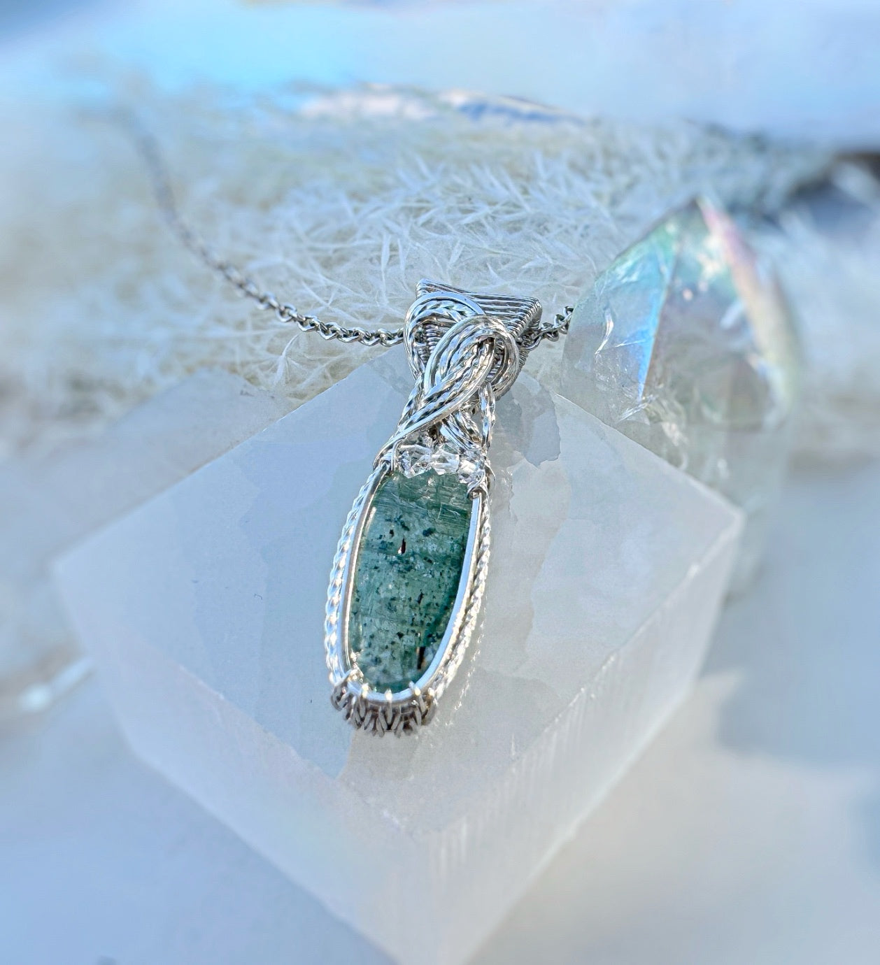 Green Kyanite & Herkimer Diamond Argentium Silver Necklace