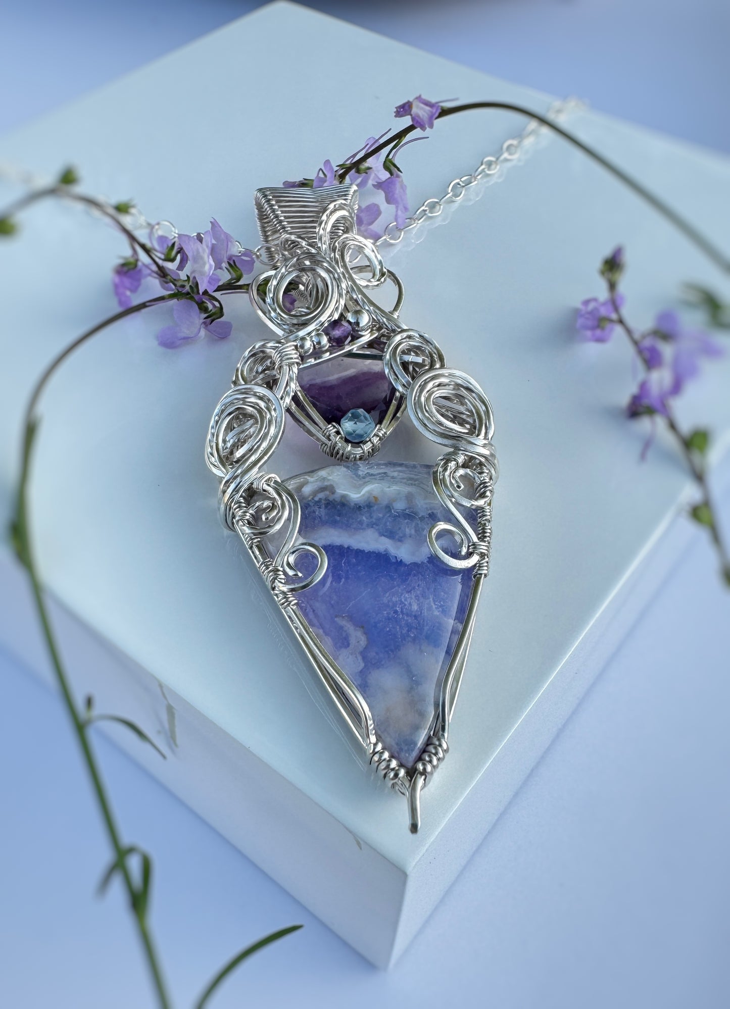 Sky Agate, Fluorite, Amethyst, Aquamarine Statement Necklace in 0.925 Sterling Silver