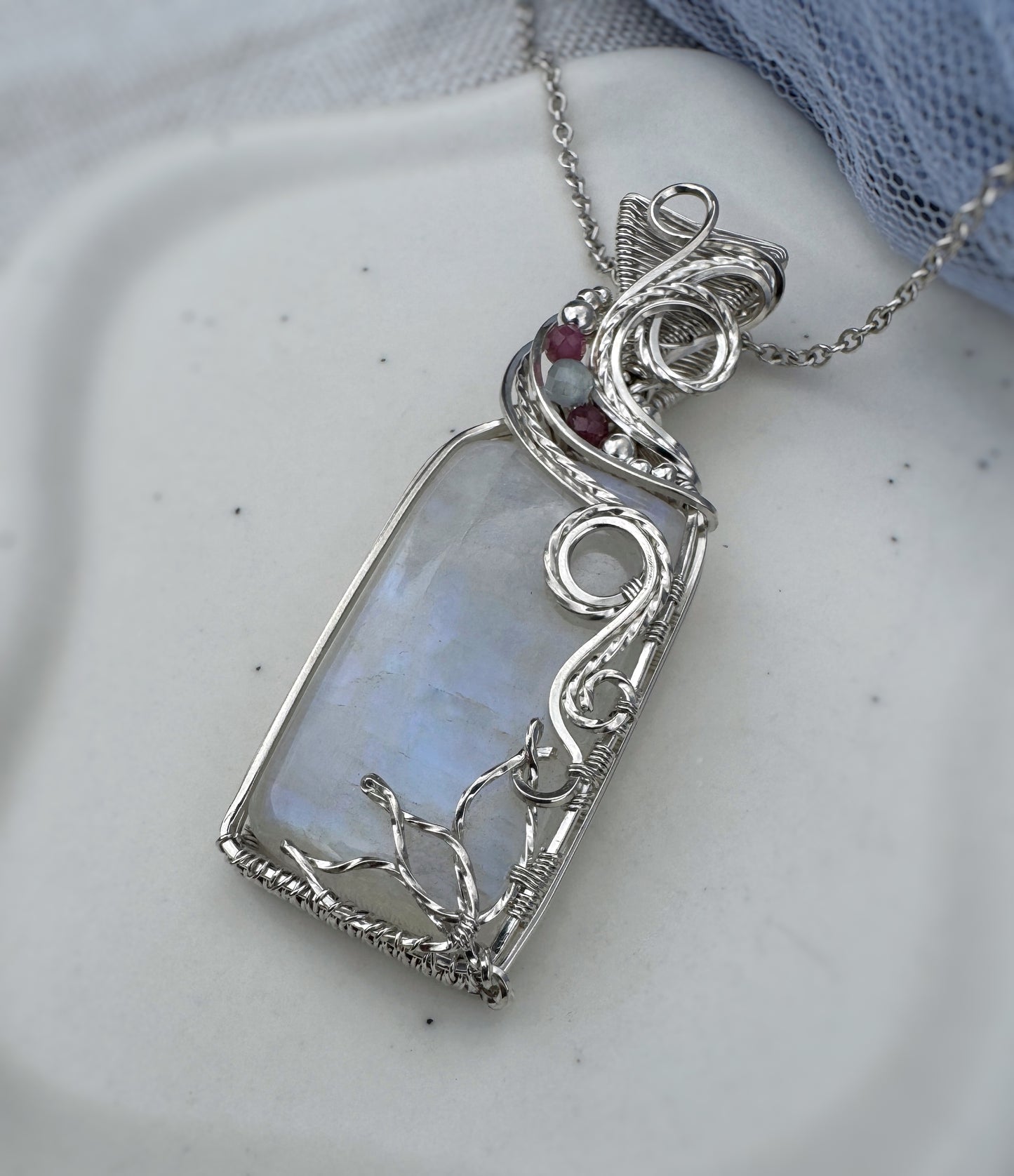 Moonstone, Pink Tourmaline & Aquamarine Lotus Necklace in 0.925 Sterling Silver