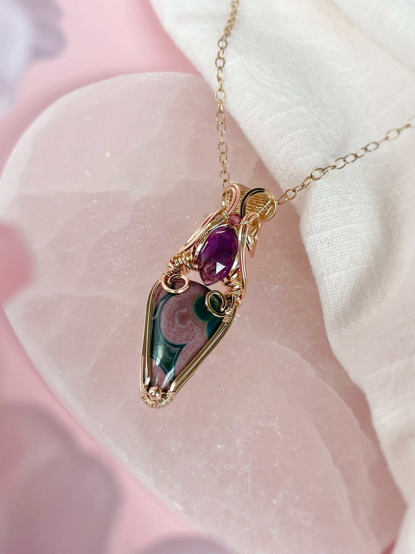 High Quality Ocean Jasper, Amethyst & Pink Tourmaline Necklace in 14k Gold Filled