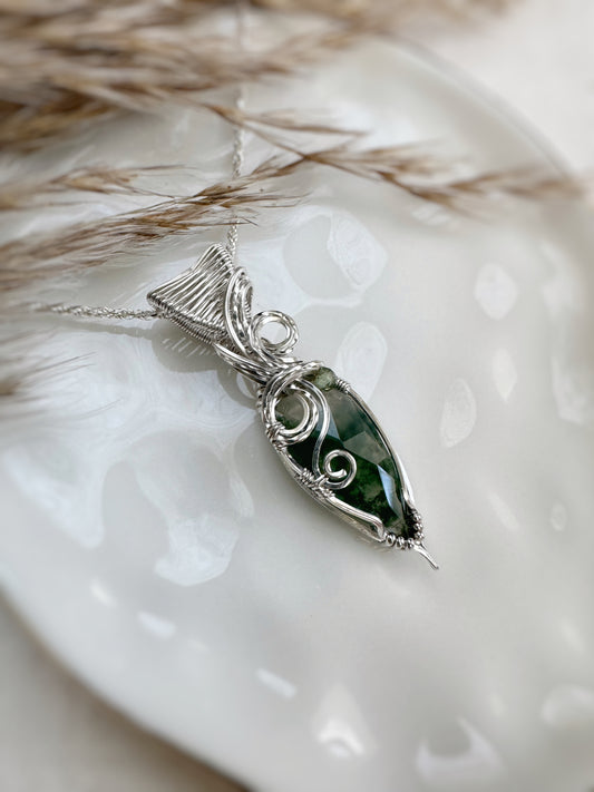 Faceted Moss Agate & Green Apatite Necklace in 0.925 Sterling Silver