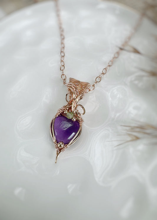 Dainty Amethyst Heart & Peridot Necklace in 14k Rose Gold Filled