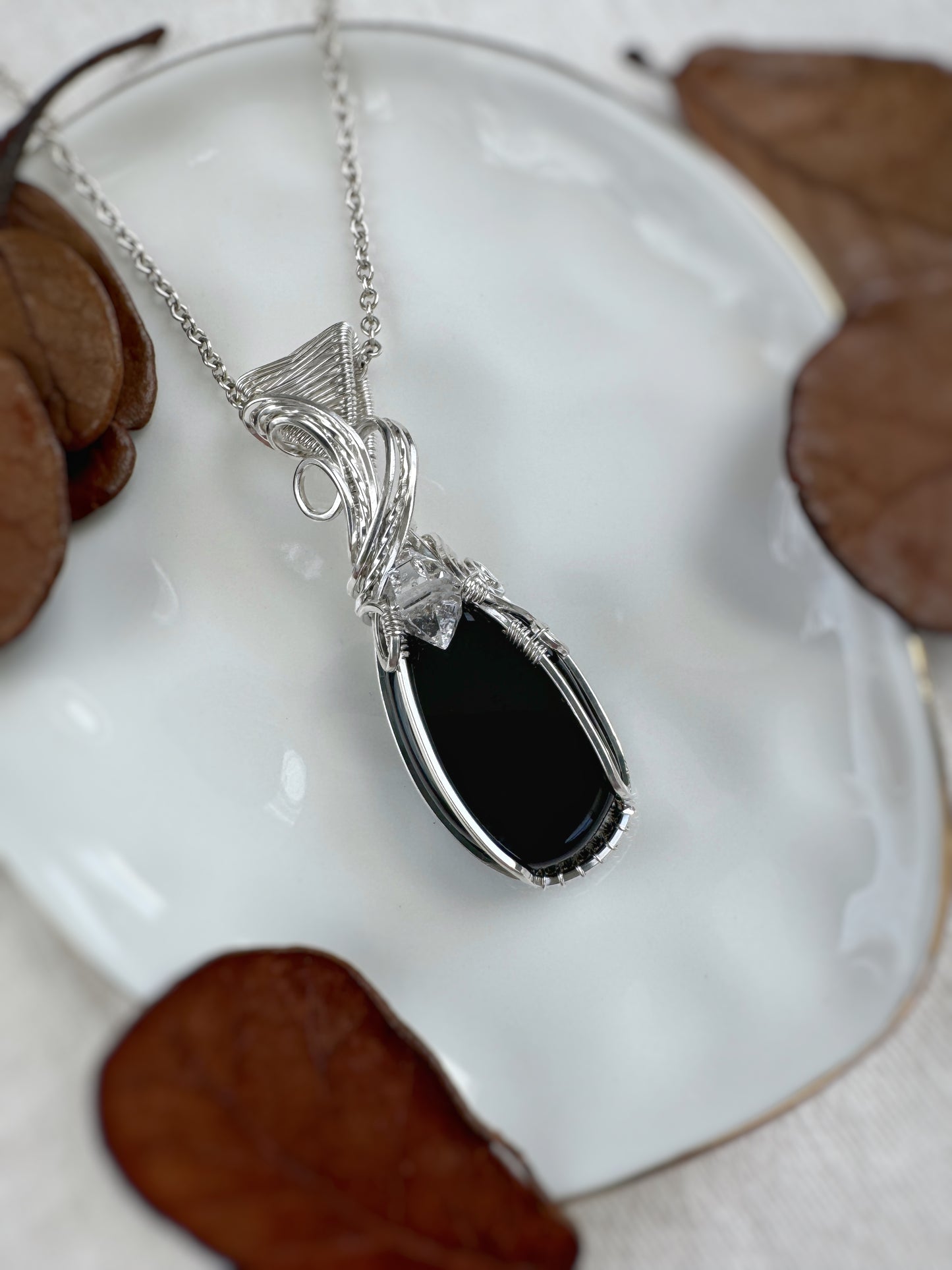Black Onyx & Herkimer Diamond Necklace in 0.925 Sterling Silver