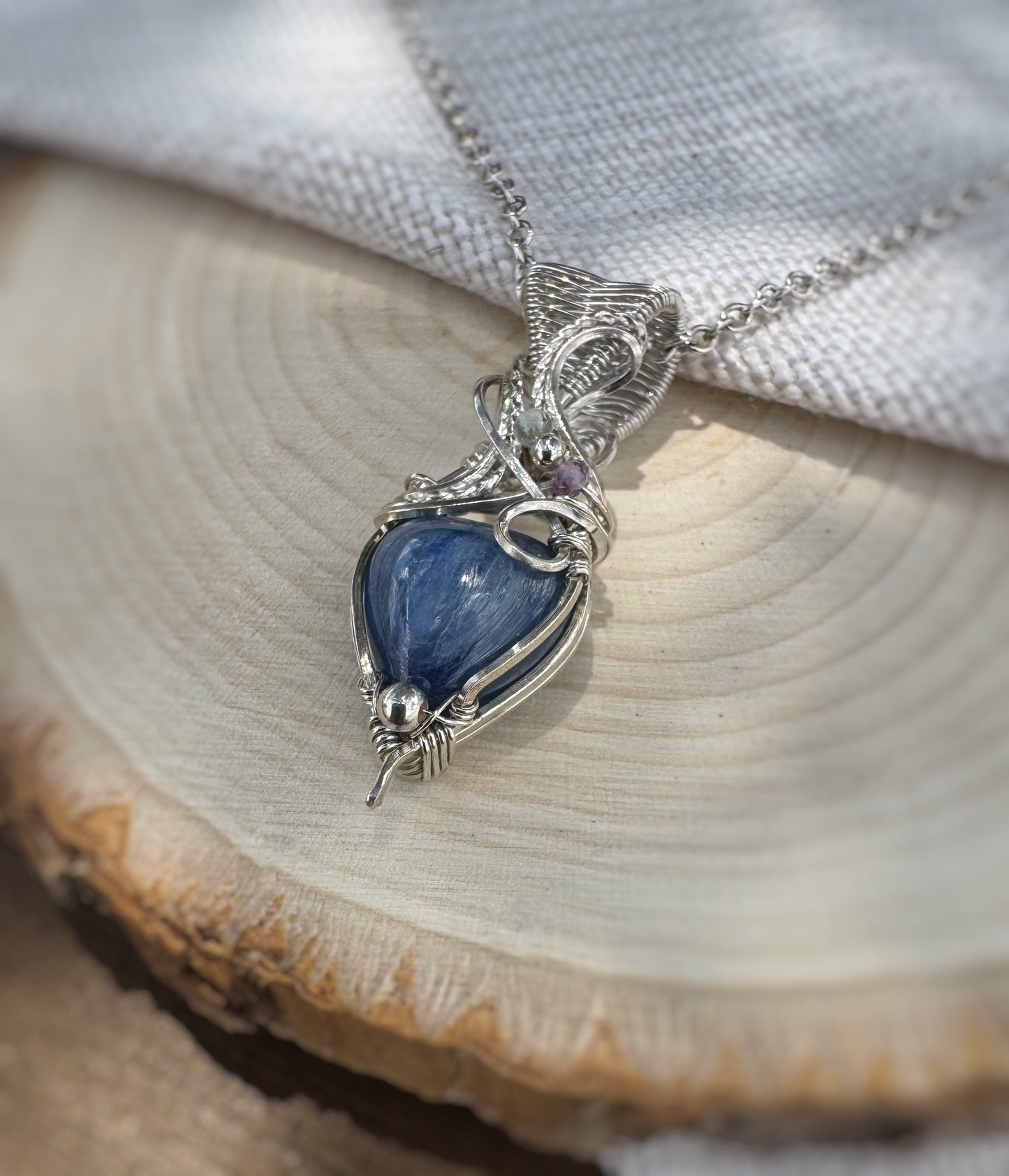 Dainty Blue Kyanite Heart & Fluorite Necklace in Argentium Silver