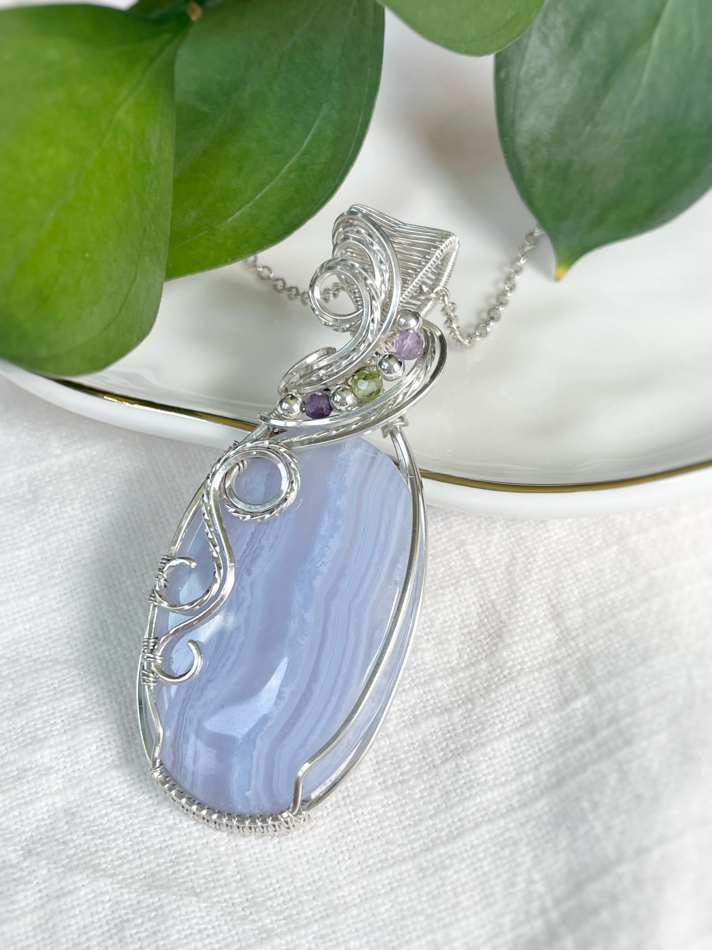 Blue Lace Agate, Amethyst & Peridot Necklace in 0.925 Sterling Silver