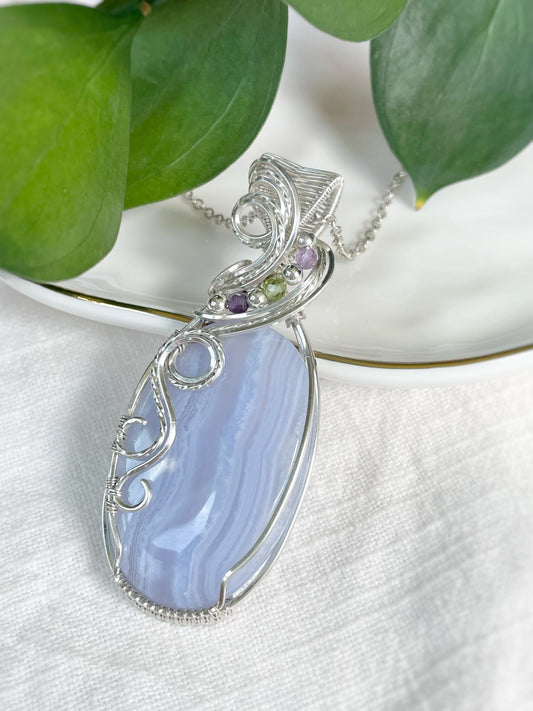 Blue Lace Agate, Amethyst & Peridot Necklace in 0.925 Sterling Silver