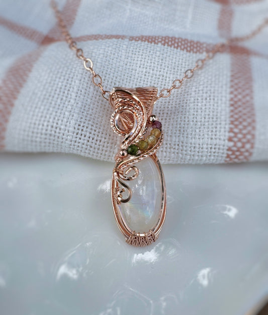 Rainbow Moonstone & Mixed Tourmaline Necklace in 14K Rose Gold Filled