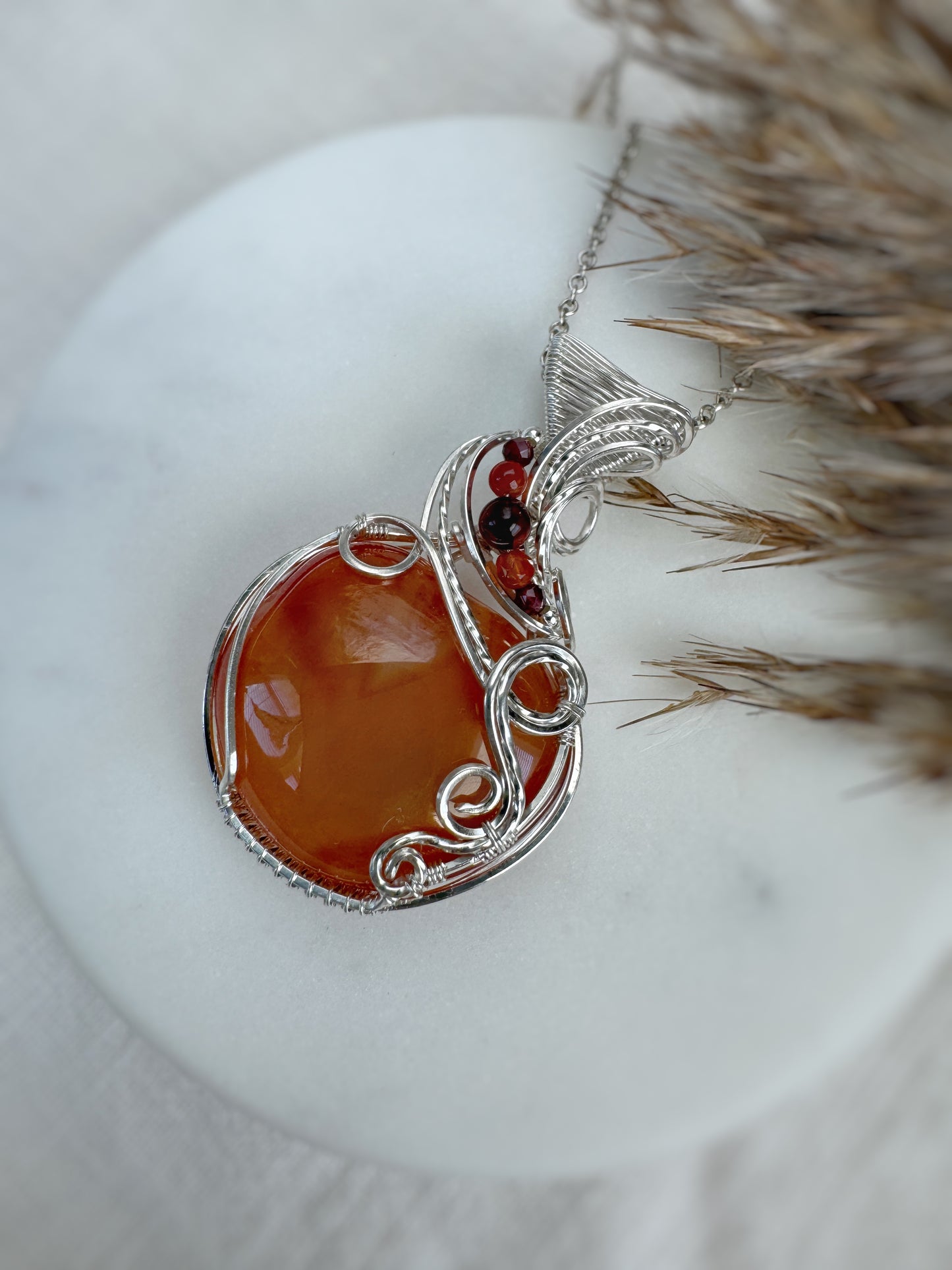 Carnelian, Amber & Garnet Necklace in 0.925 Sterling Silver