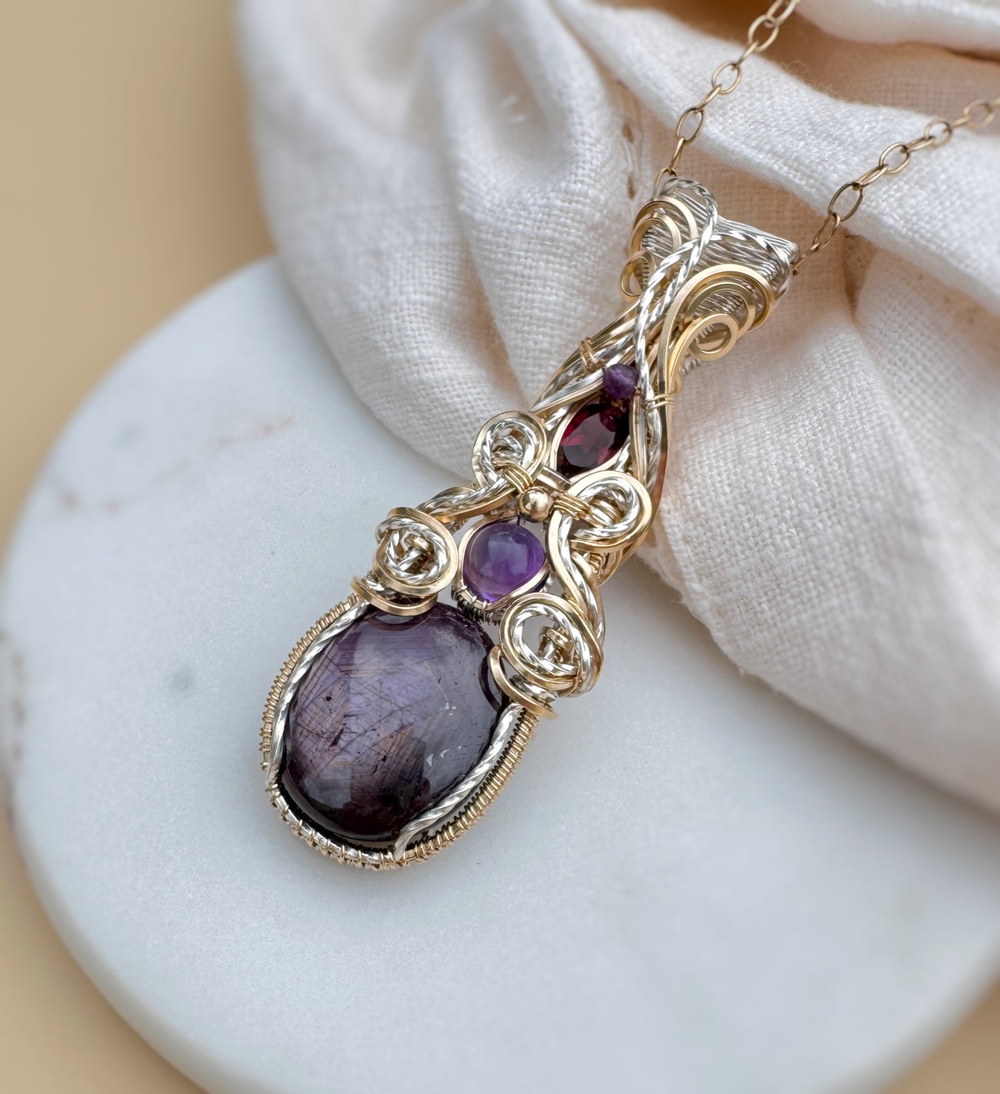Natural Star Sapphire, Amethyst & Garnet Necklace in mixed metals (Argentium Silver & 14k Gold Filled)