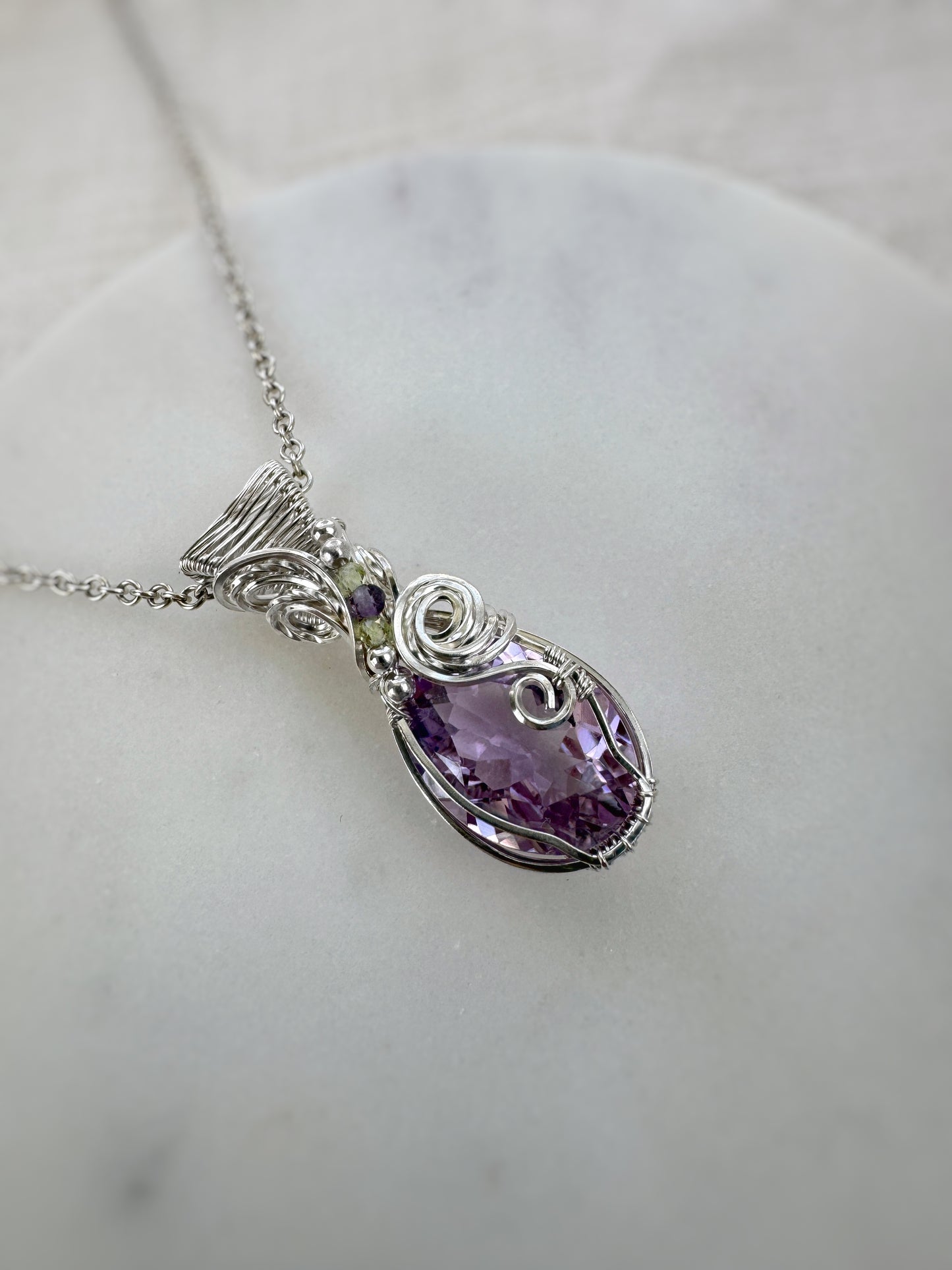 Faceted Amethyst, Peridot & Fluorite Necklace in 0.925 Sterling Silver