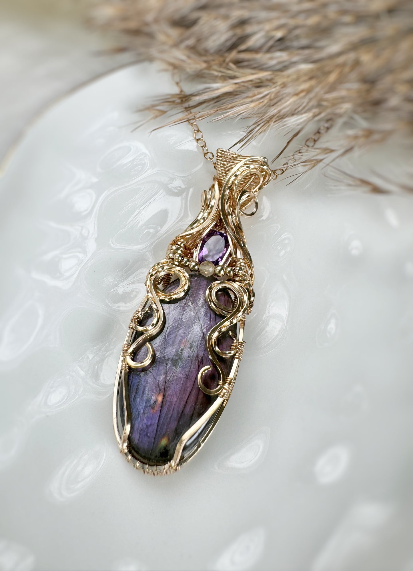 Purple Labradorite, Amethyst & Citrine Necklace in 14k Gold Filled