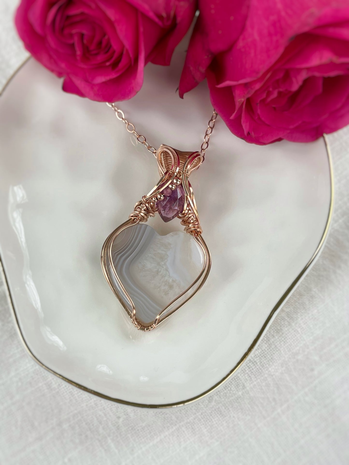 Botswana Agate Heart, Amethyst & Pink Tourmaline Necklace in 14k Rose Gold Filled