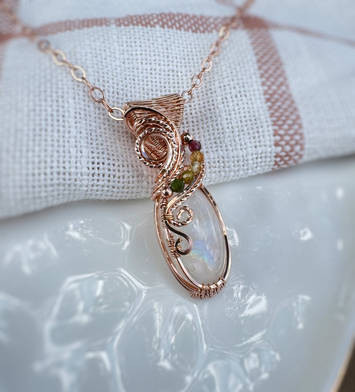 Rainbow Moonstone & Mixed Tourmaline Necklace in 14K Rose Gold Filled