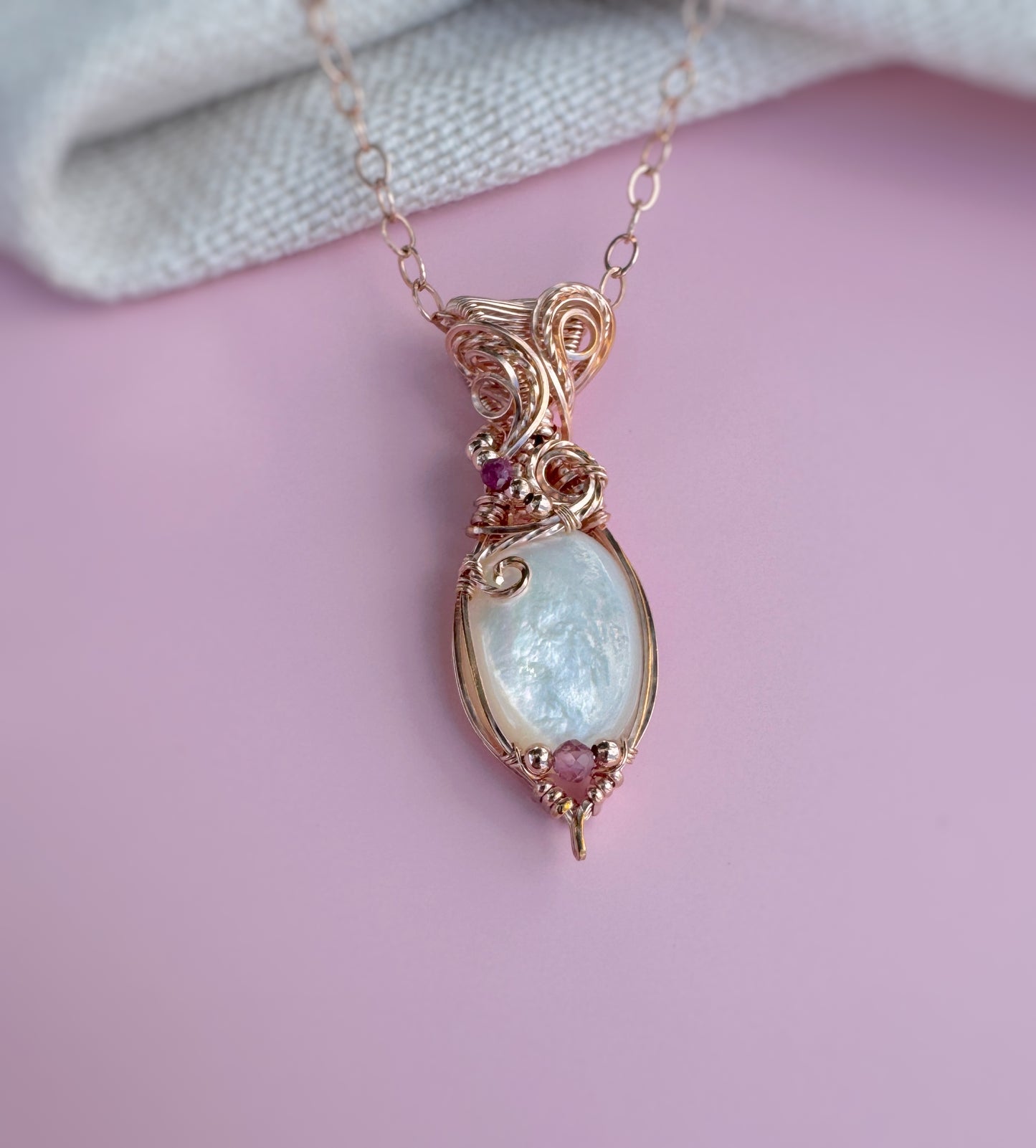 Pearl, Ruby & Pink Tourmaline Necklace in 14k Rose Gold Filled