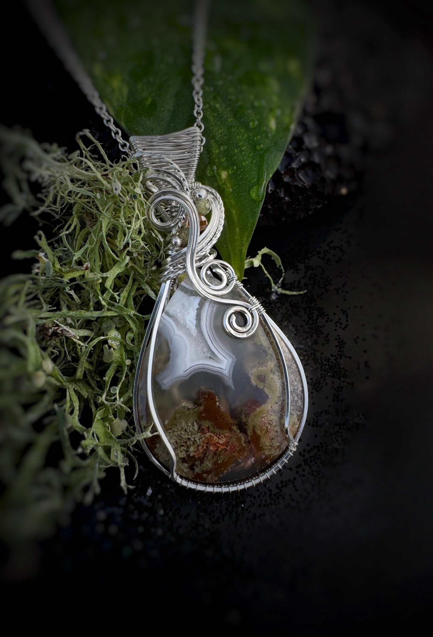 Moss Agate, Green Apatite & Hessonite Garnet Necklace in 0.925 Sterling Silver