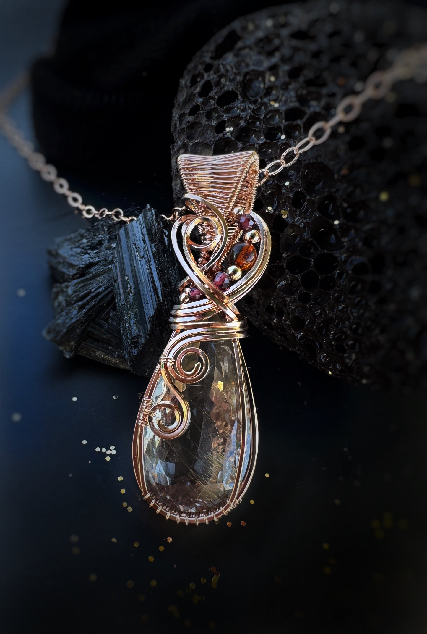 Copper Rutile, Garnet & Amber Necklace in 14k Rose Gold Filled