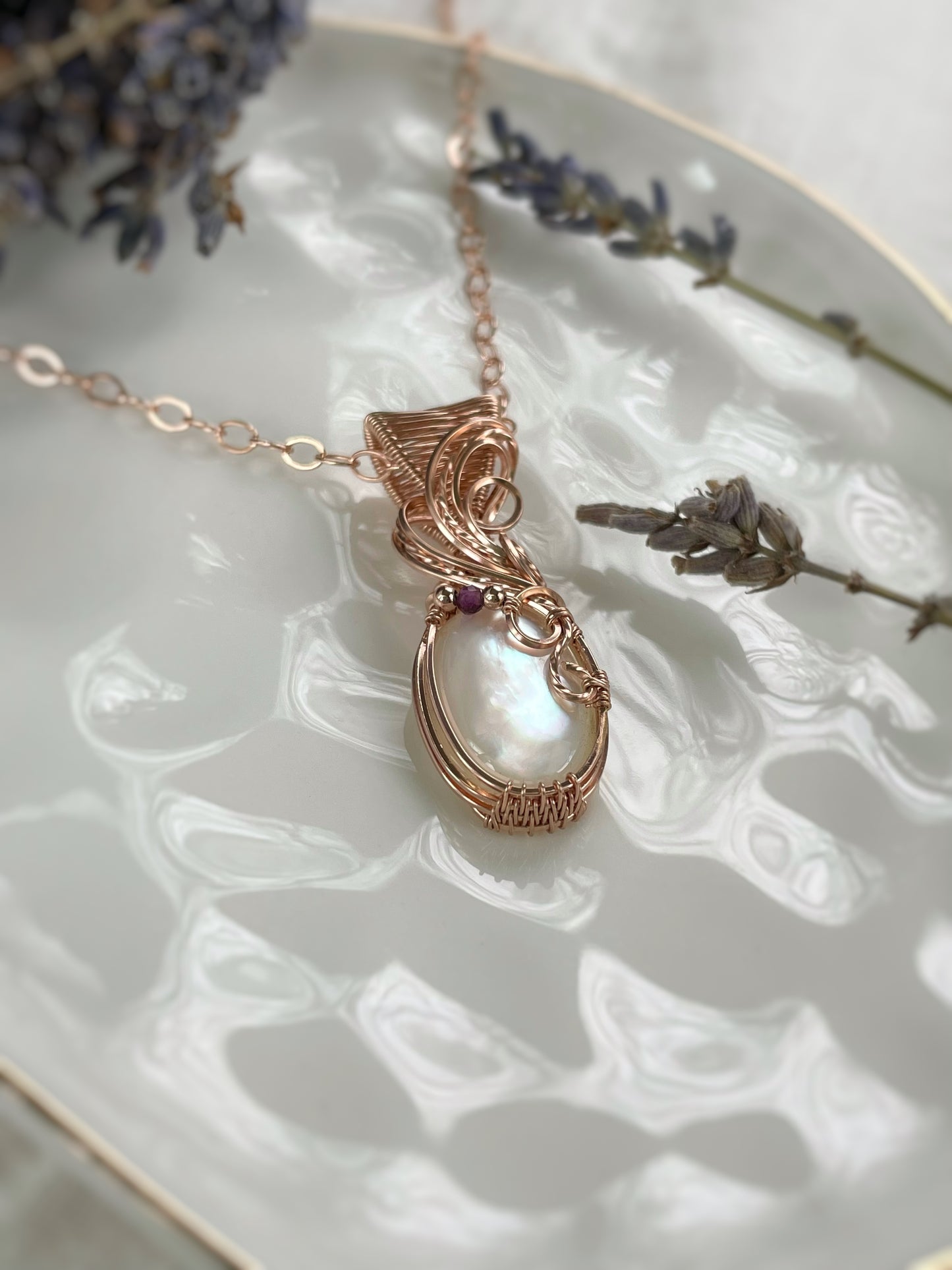 Mother of Pearl & Fluorite Necklace in 14k Rose Gold Filled