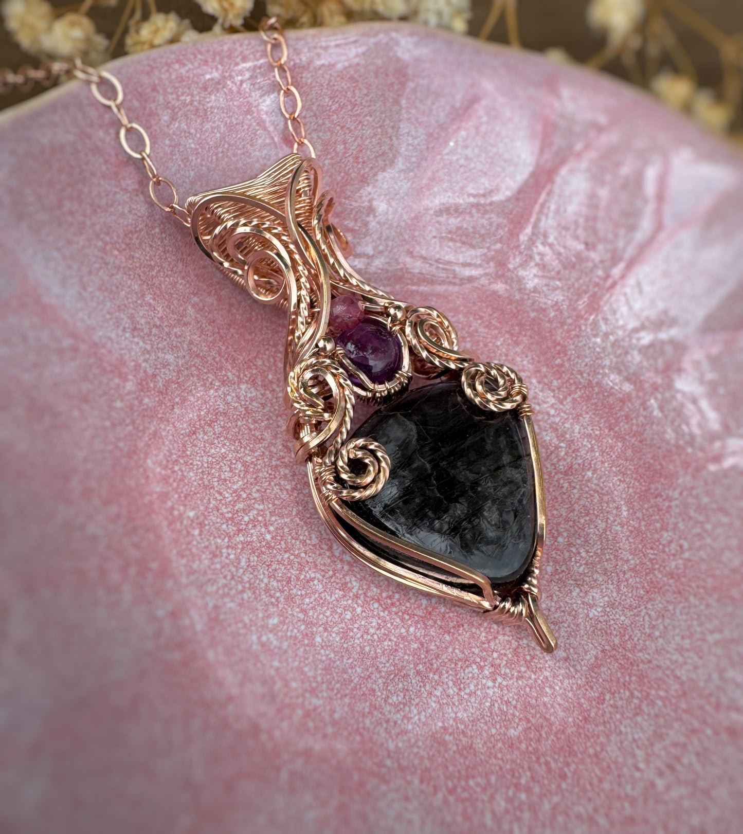 Purple Labradorite, Amethyst & Rubellite Necklace in 14k Rose Gold Filled