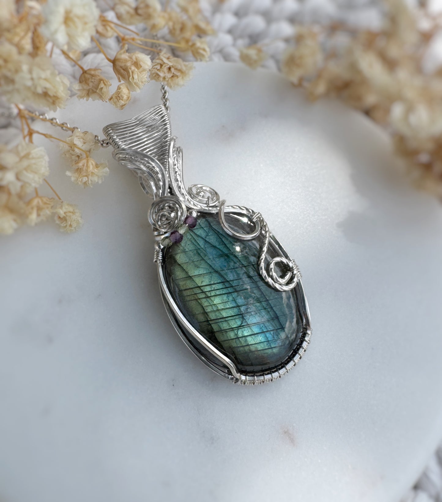 Labradorite, Fluorite & Peridot Necklace in Sterling Silver