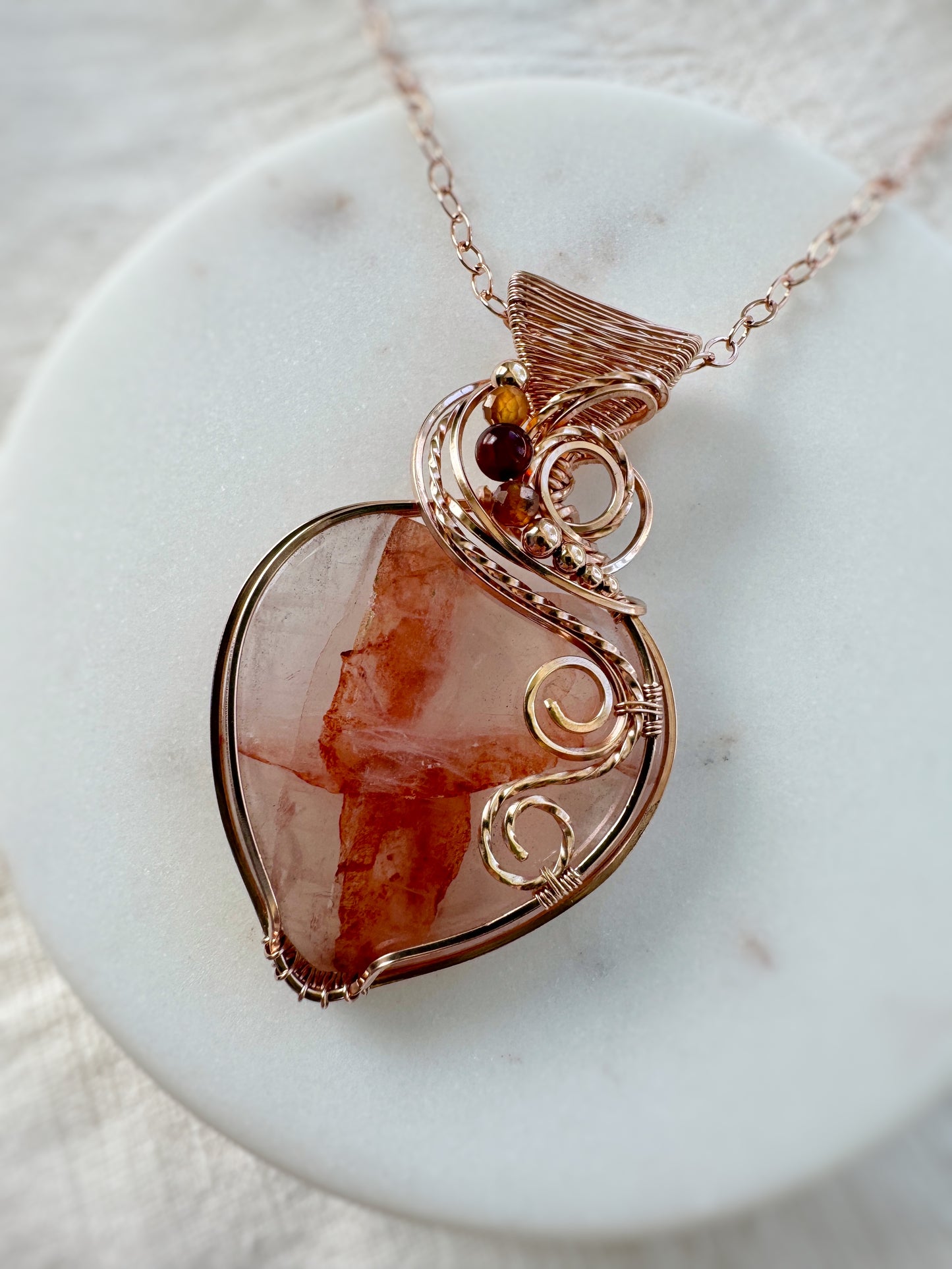 Hematoid Quartz, Amber & Hessonite Garnet Necklace in 14k Rose Gold Filled